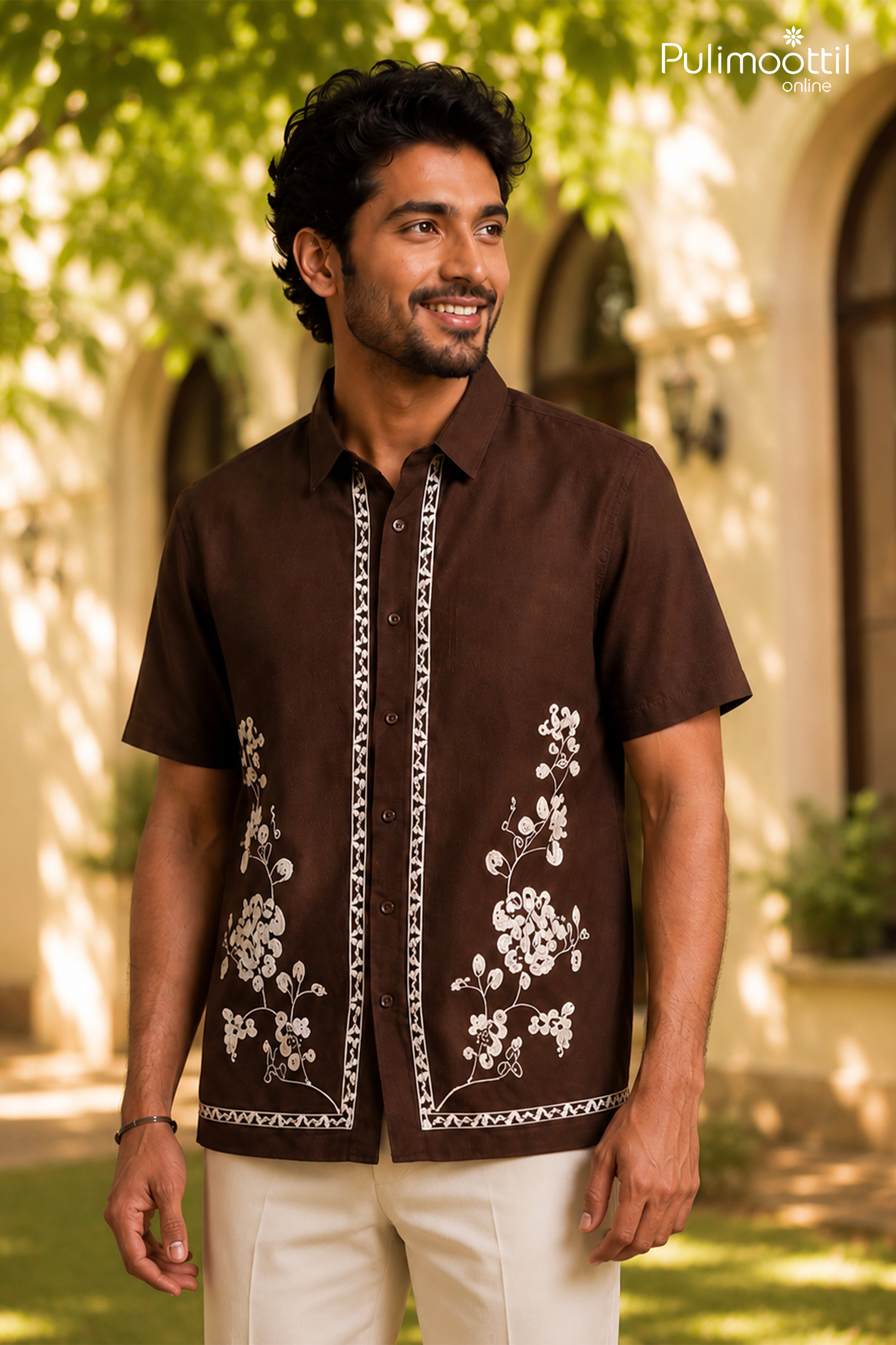 Brown Colour Cotton Shirt Featuring Kerala-inspired Floral Vine Embroidery
