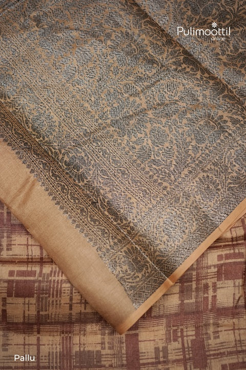 Semi Tussar Silk Saree With Stroke Pattern In Earthy Chocolate Brown And Beige Tones.
