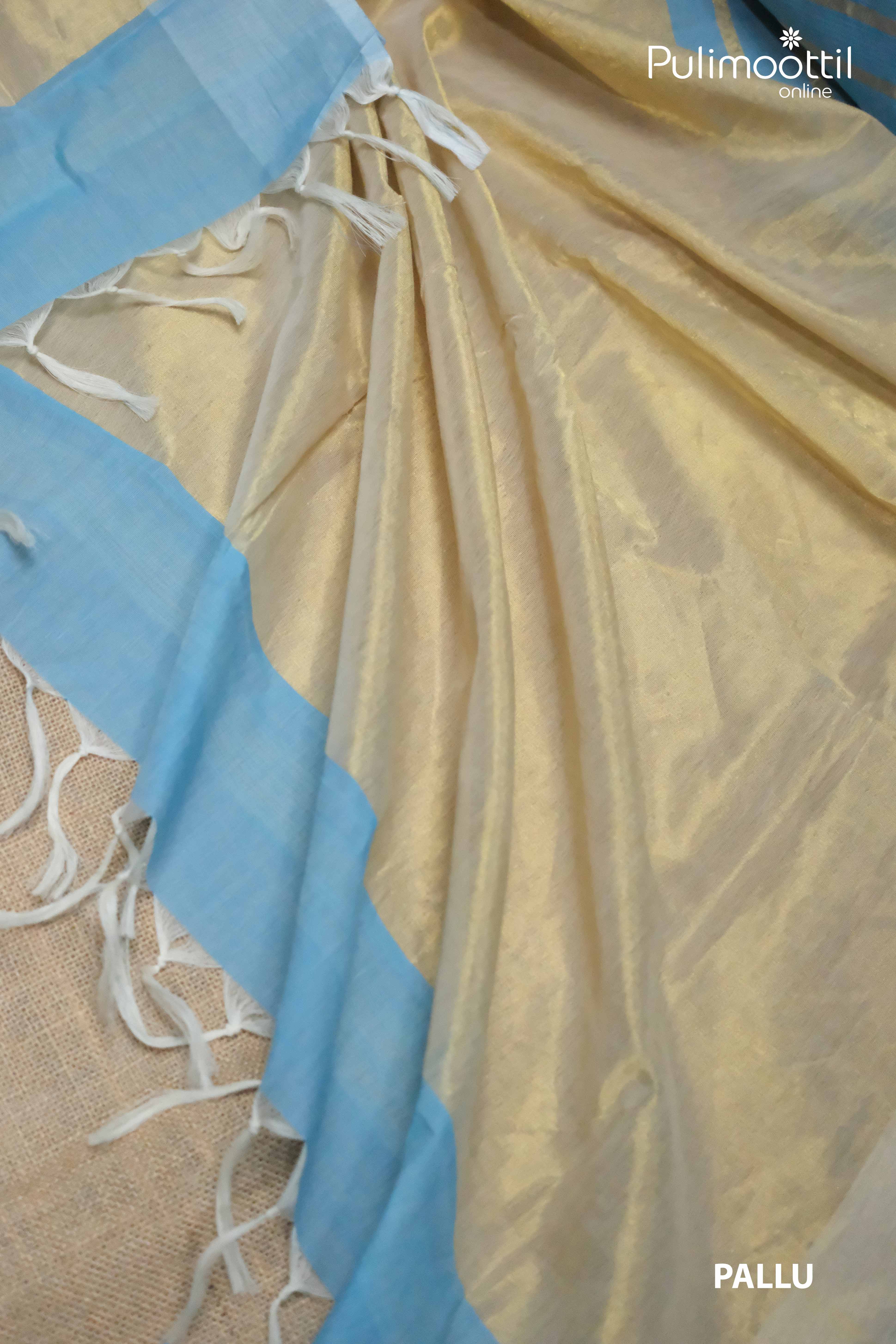 Sky Blue Colour Kerala Traditional Pure Handloom Onam Kerala Saree