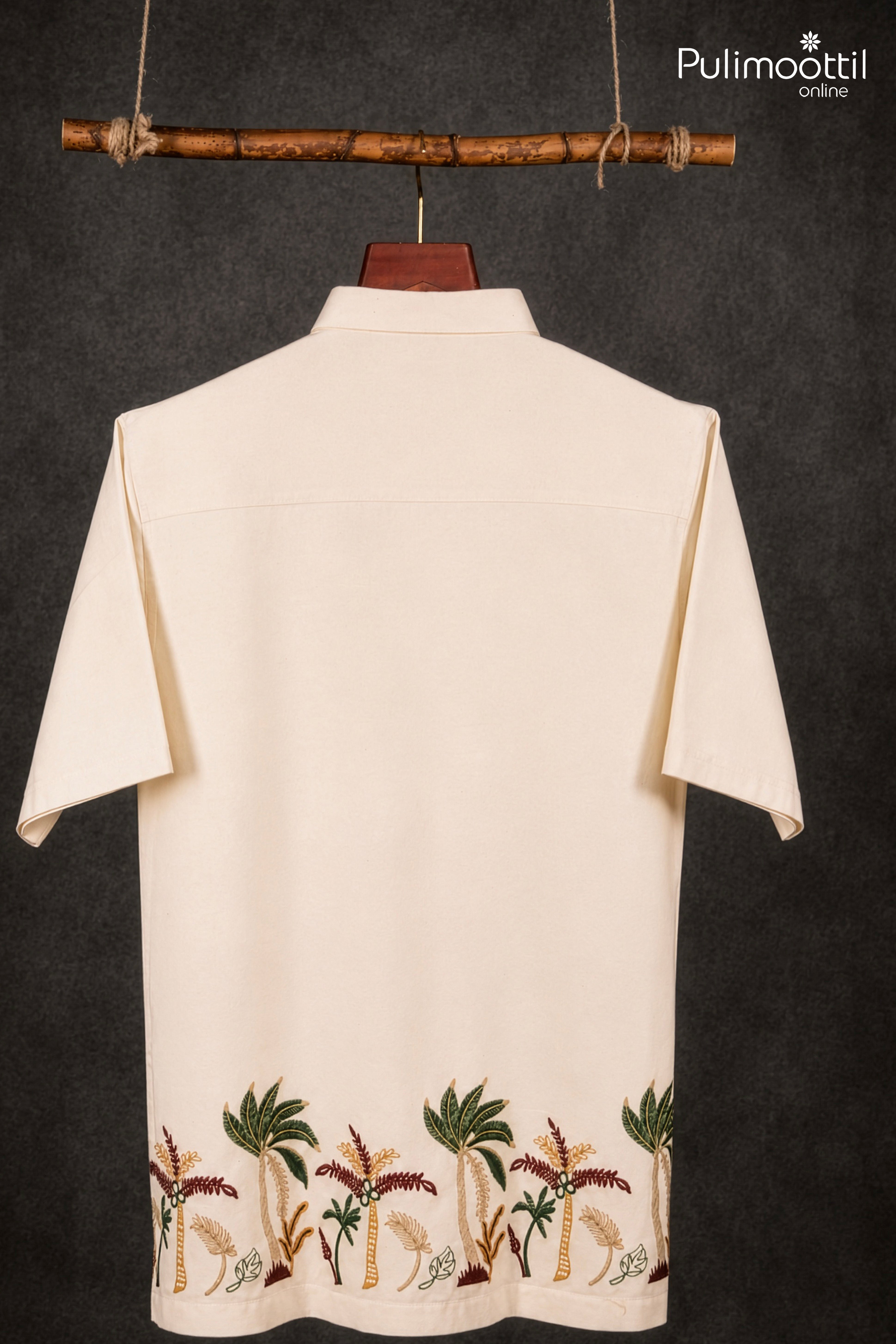 Off White Colour Cotton Shirt Featuring Coconut Tree & Floral Thread Embroidery
