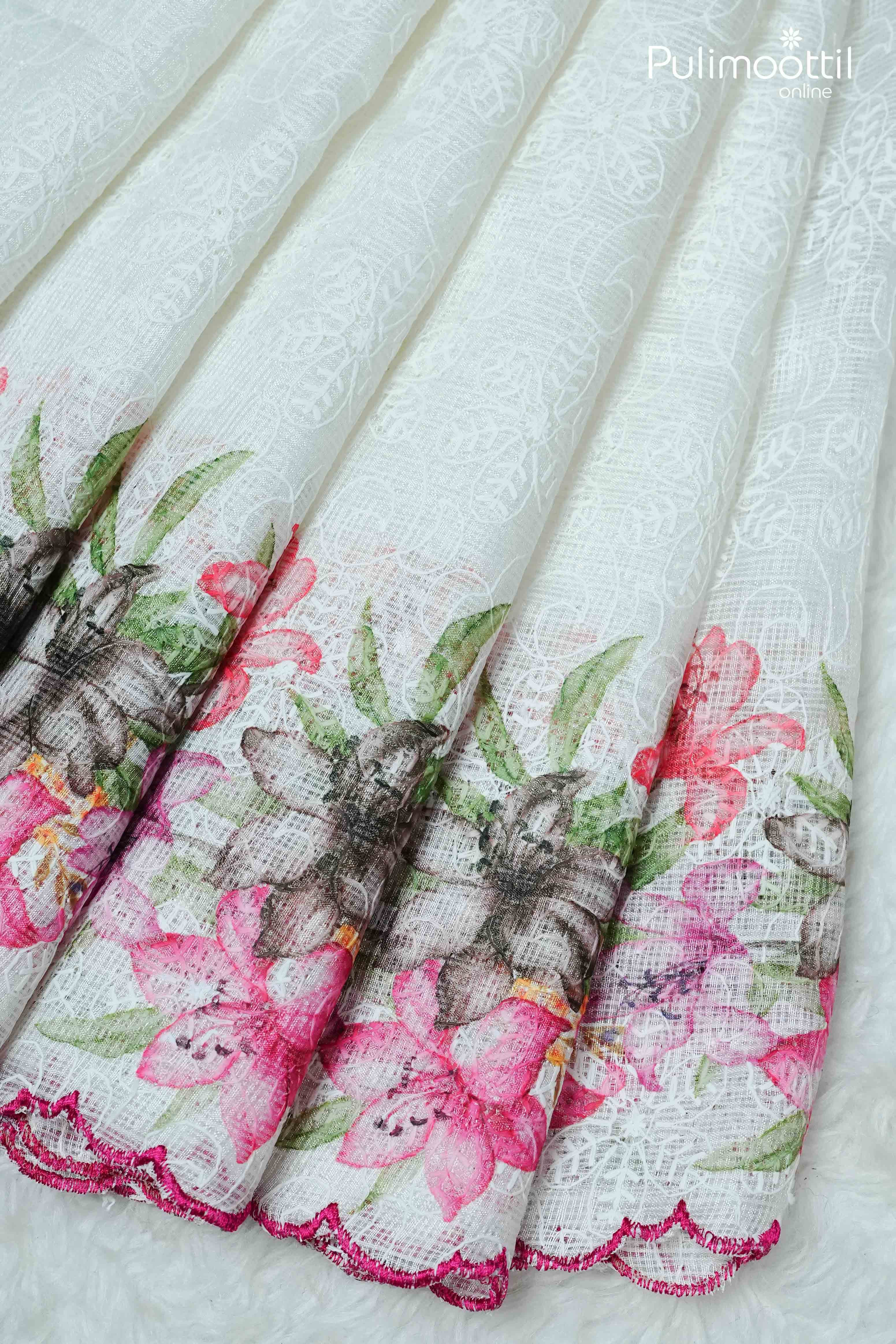 White Colour Net Cotta Saree.