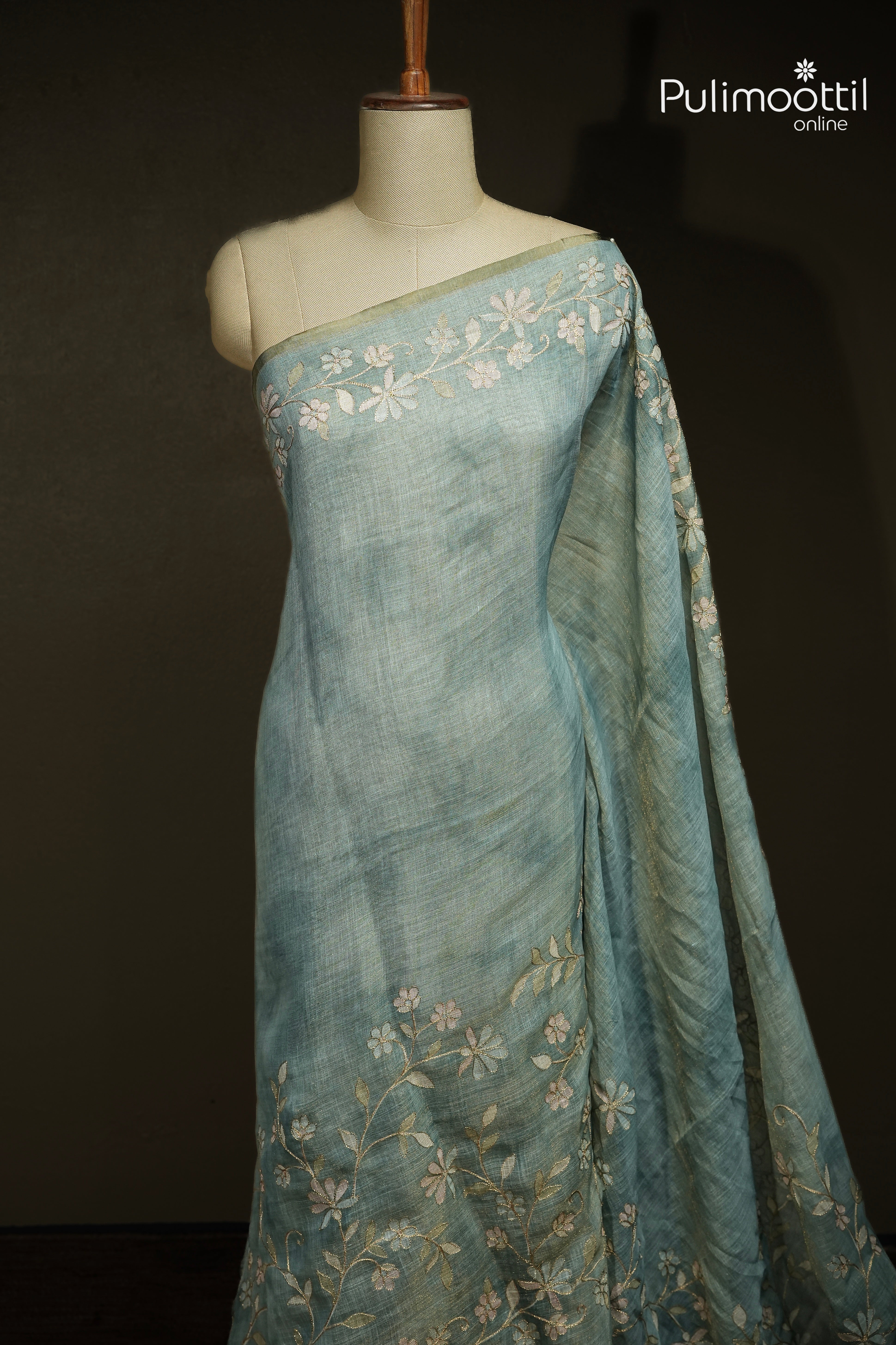 Teal Colour Linen Tissue Saree
