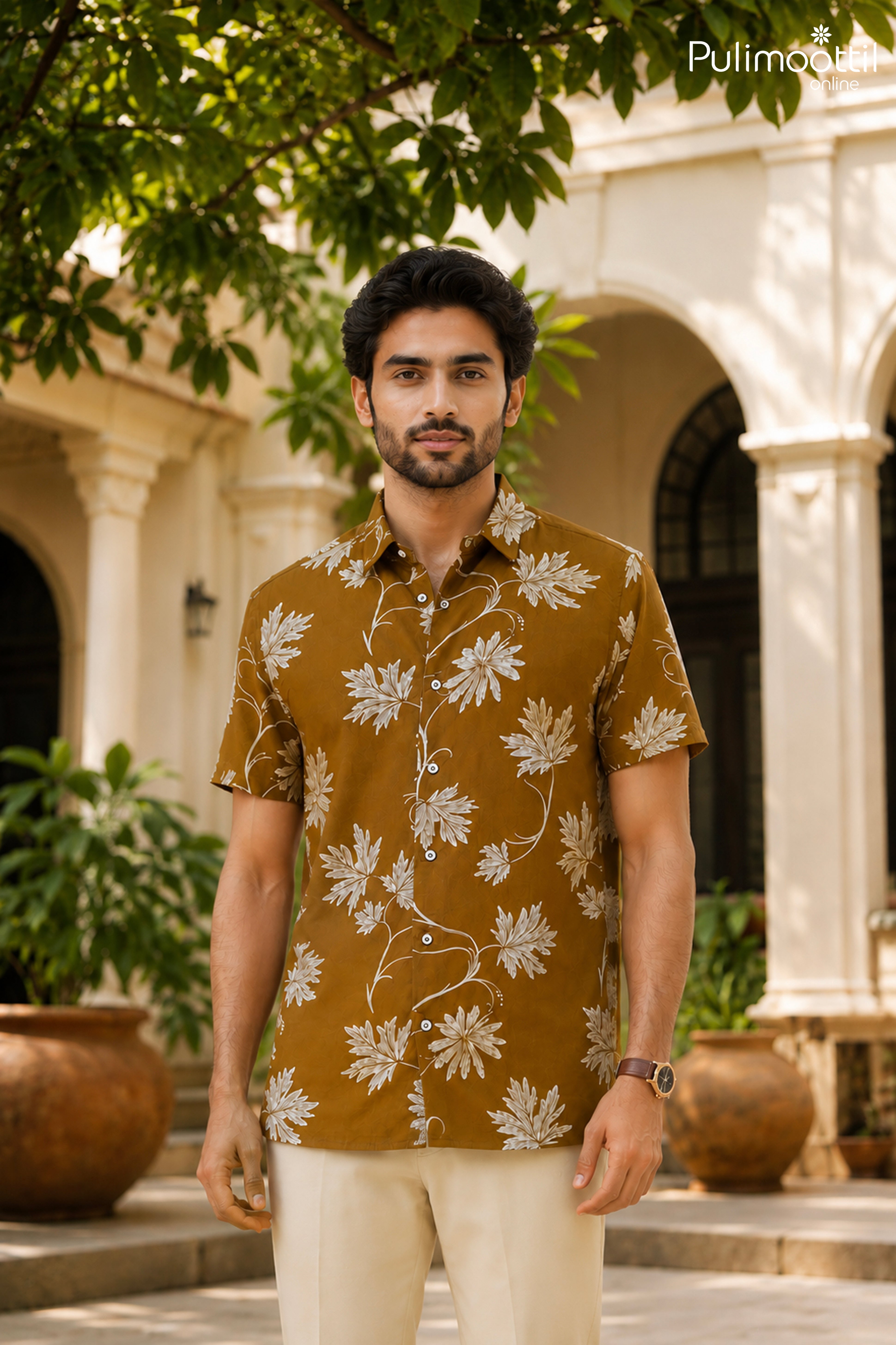 Mustard Brown Fabric Featuring White Botanical Floral Prints