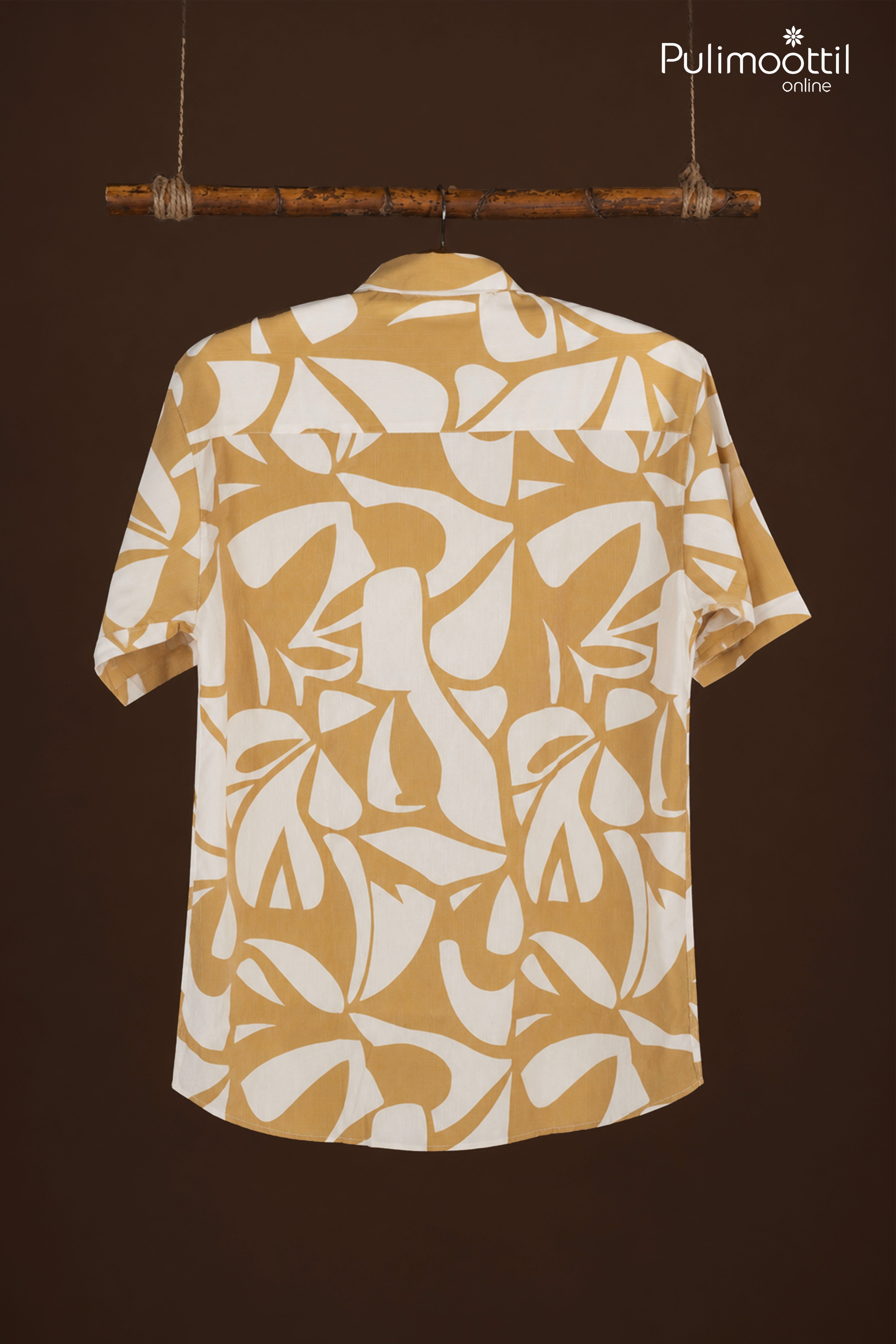 Honey Mustard Color Half Sleeve Mens Shirt With Abstract Floral Print