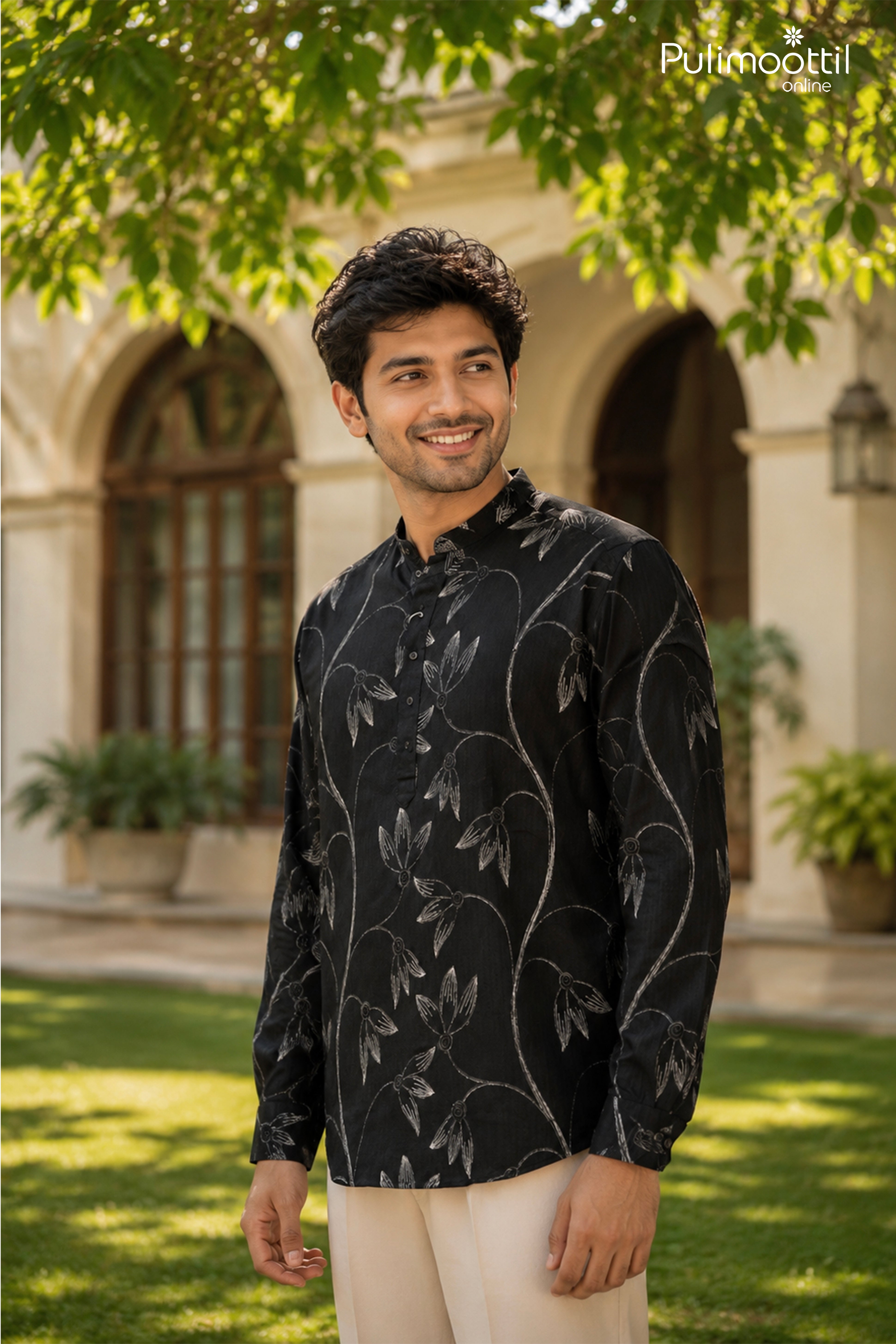 Black Color Full Sleeve Mens Shirt With Floral Print