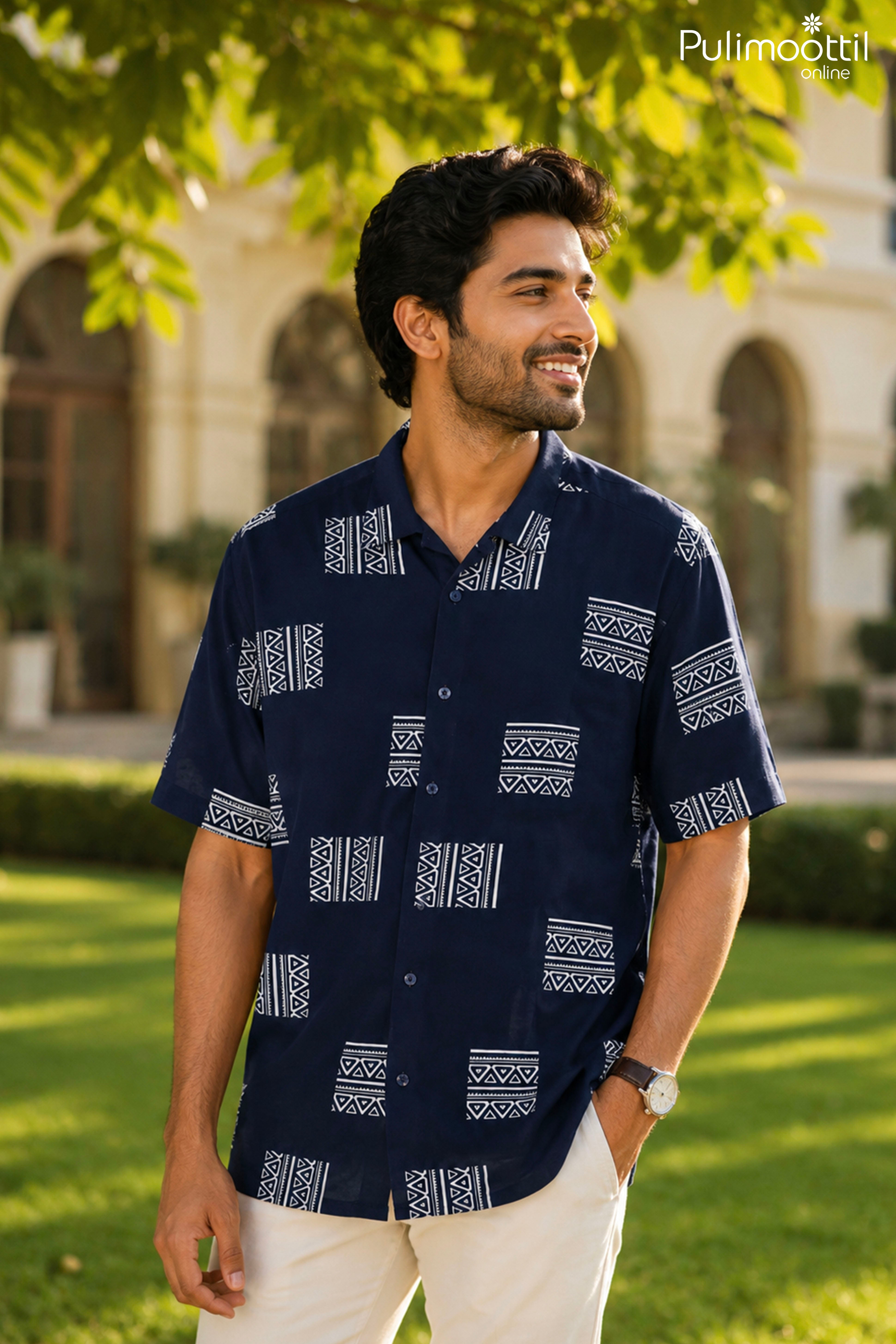 Deep Navy Blue Color Half Sleeve Mens Shirt With Ethnic Geometric Pattern