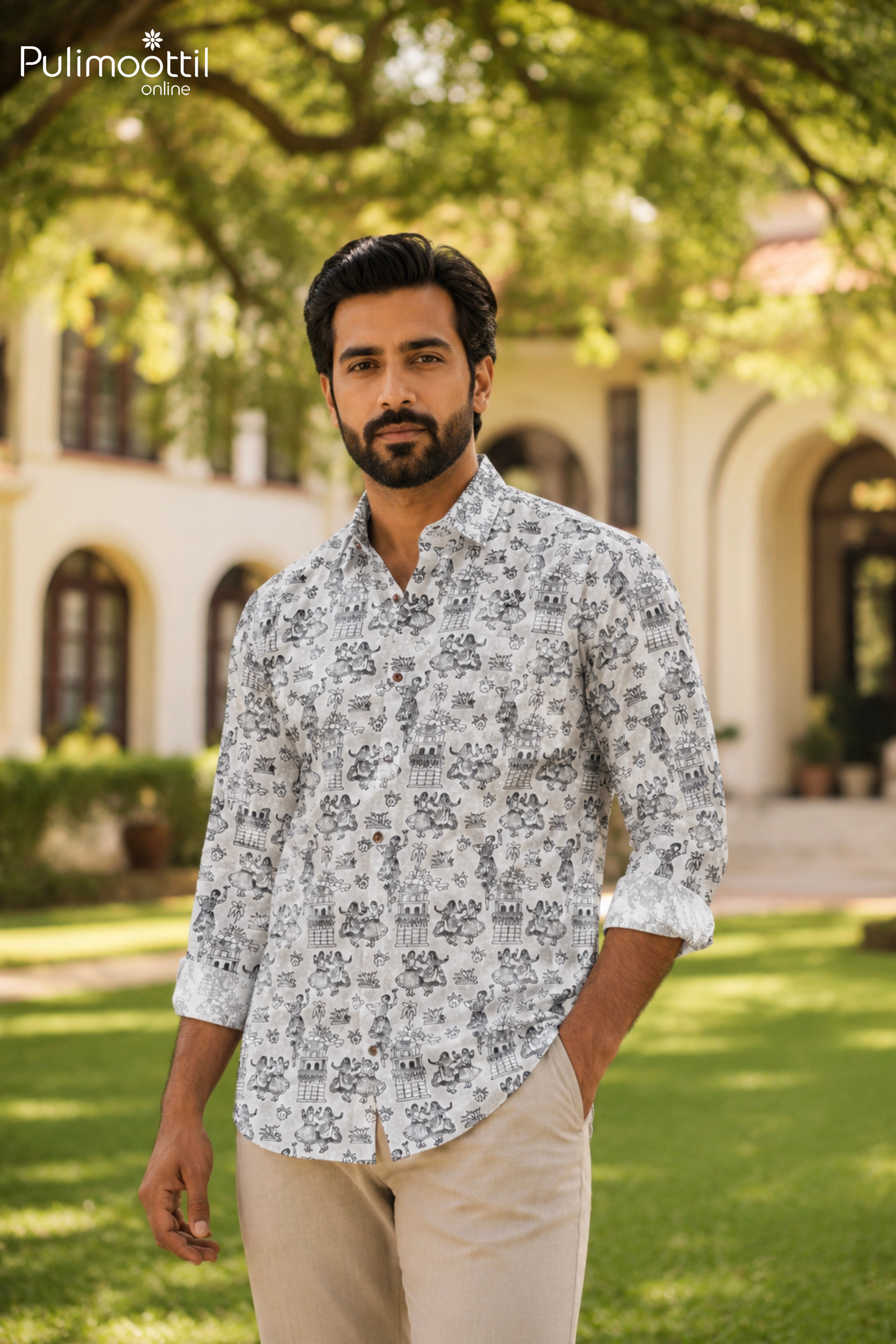 White Color Full Sleeve Mens Kurta With Indian Folk Art Print