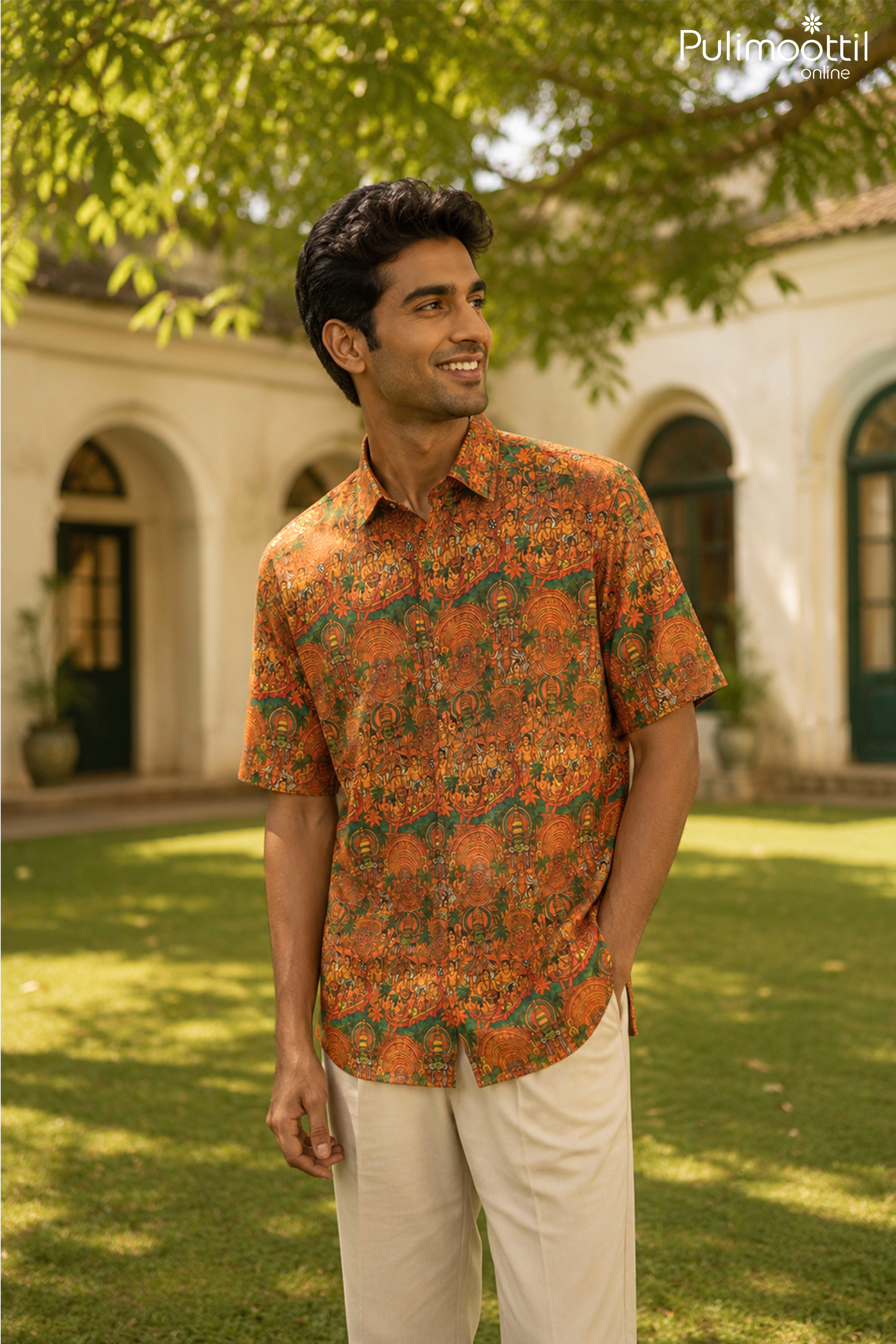 Orange Half Sleeve Mens Shirt With Kerala Mural Art Print