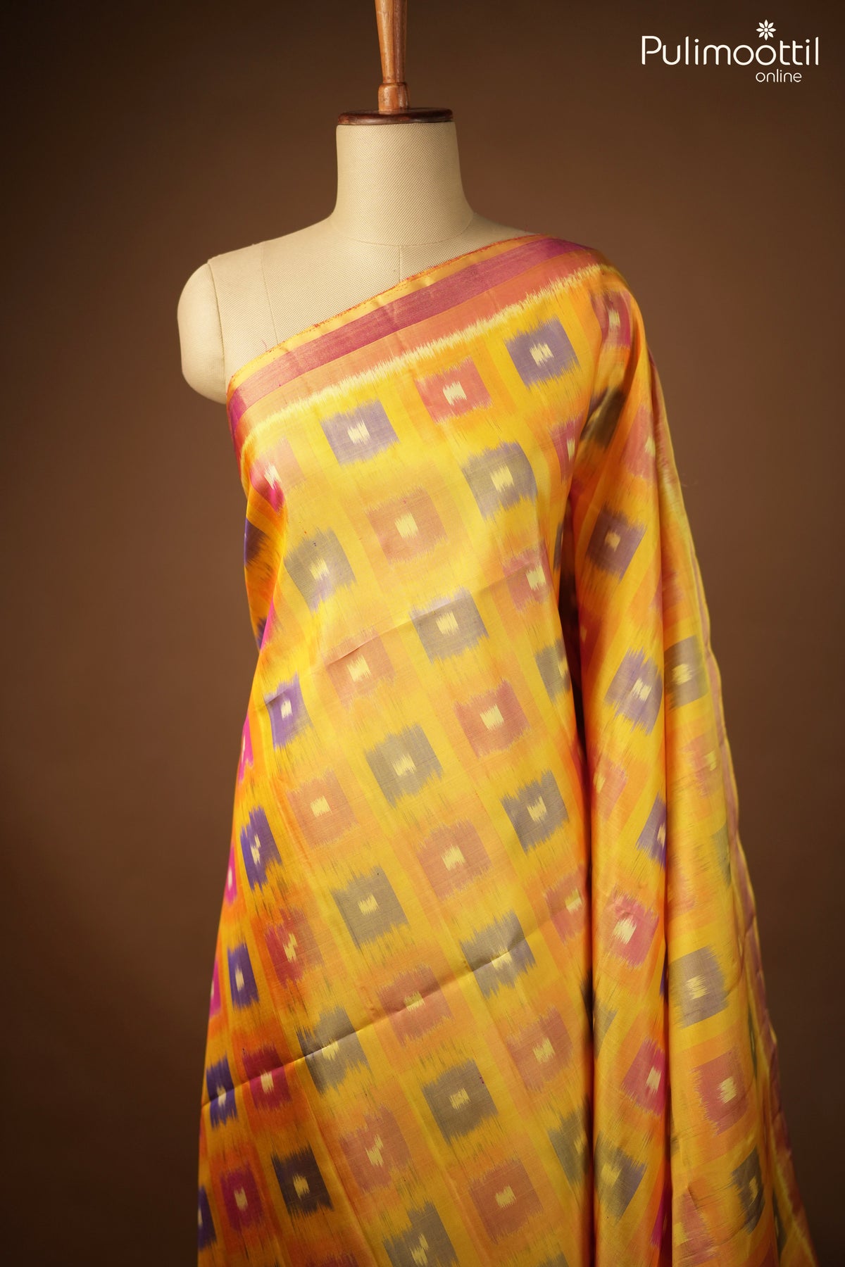 Yellow Color Kanchipuram Ikat Designer Saree