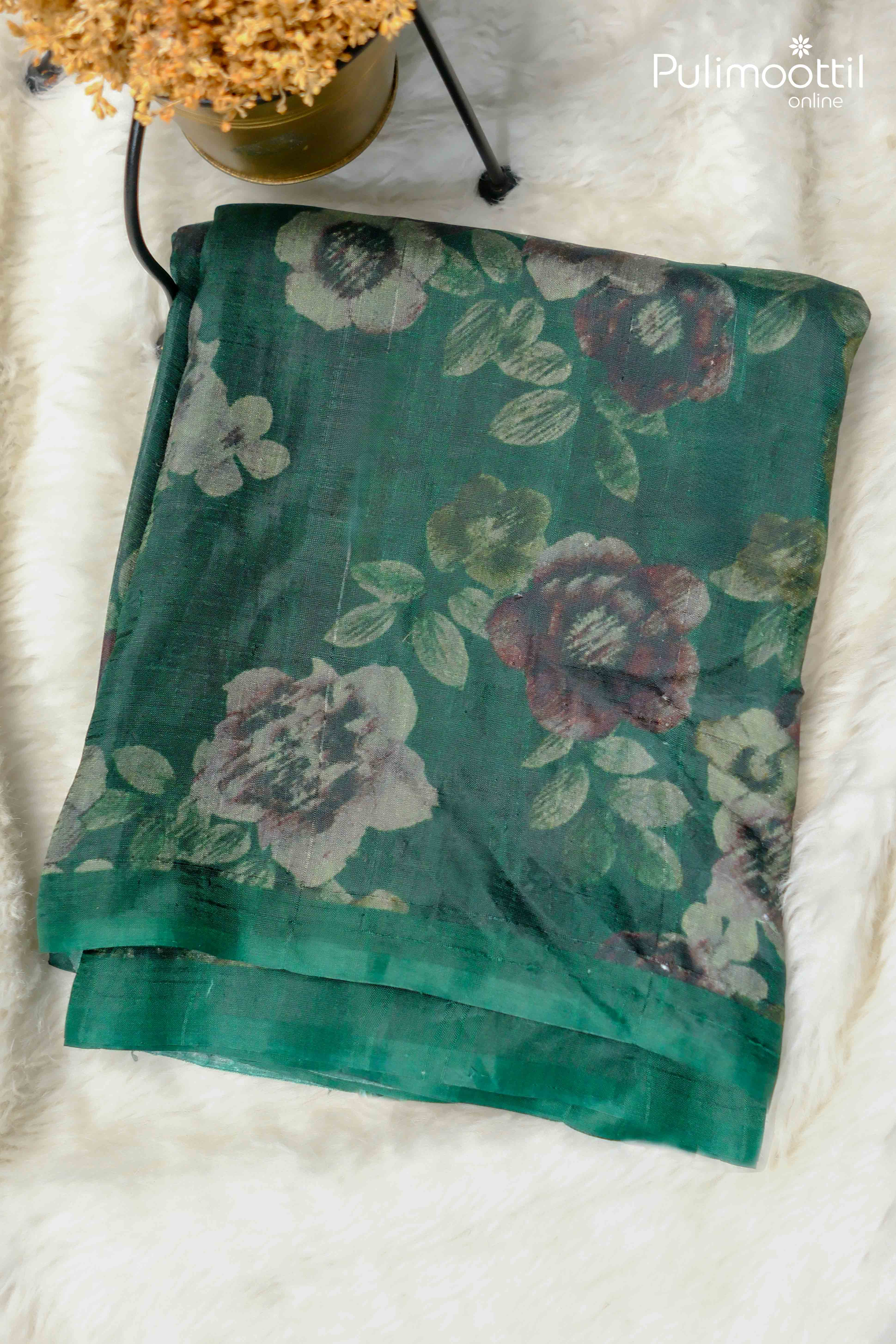 Dark Green Colour Soft Printed Tassels Silk Saree
