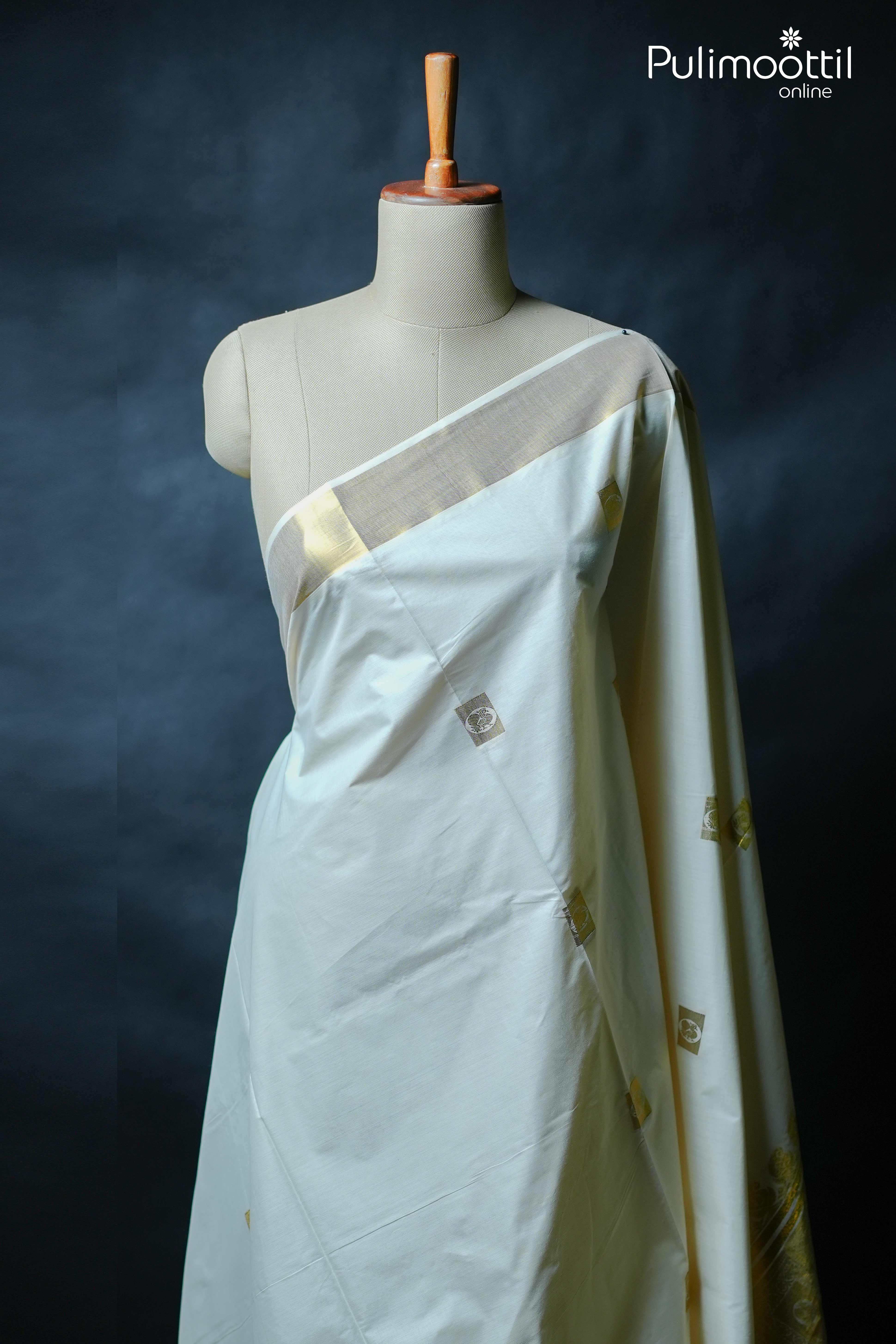 Cream Colour Handloom Kerala Traditional Set Saree.
