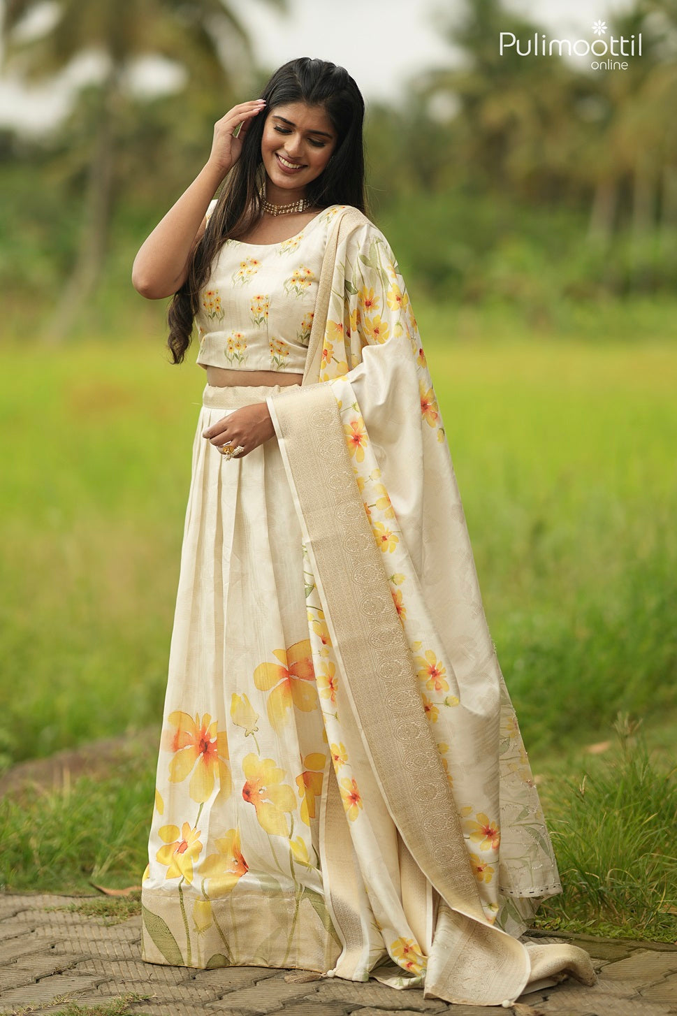 Onam Special Kerala Traditional Bright Cream Chanderi Silk Dhavani Set