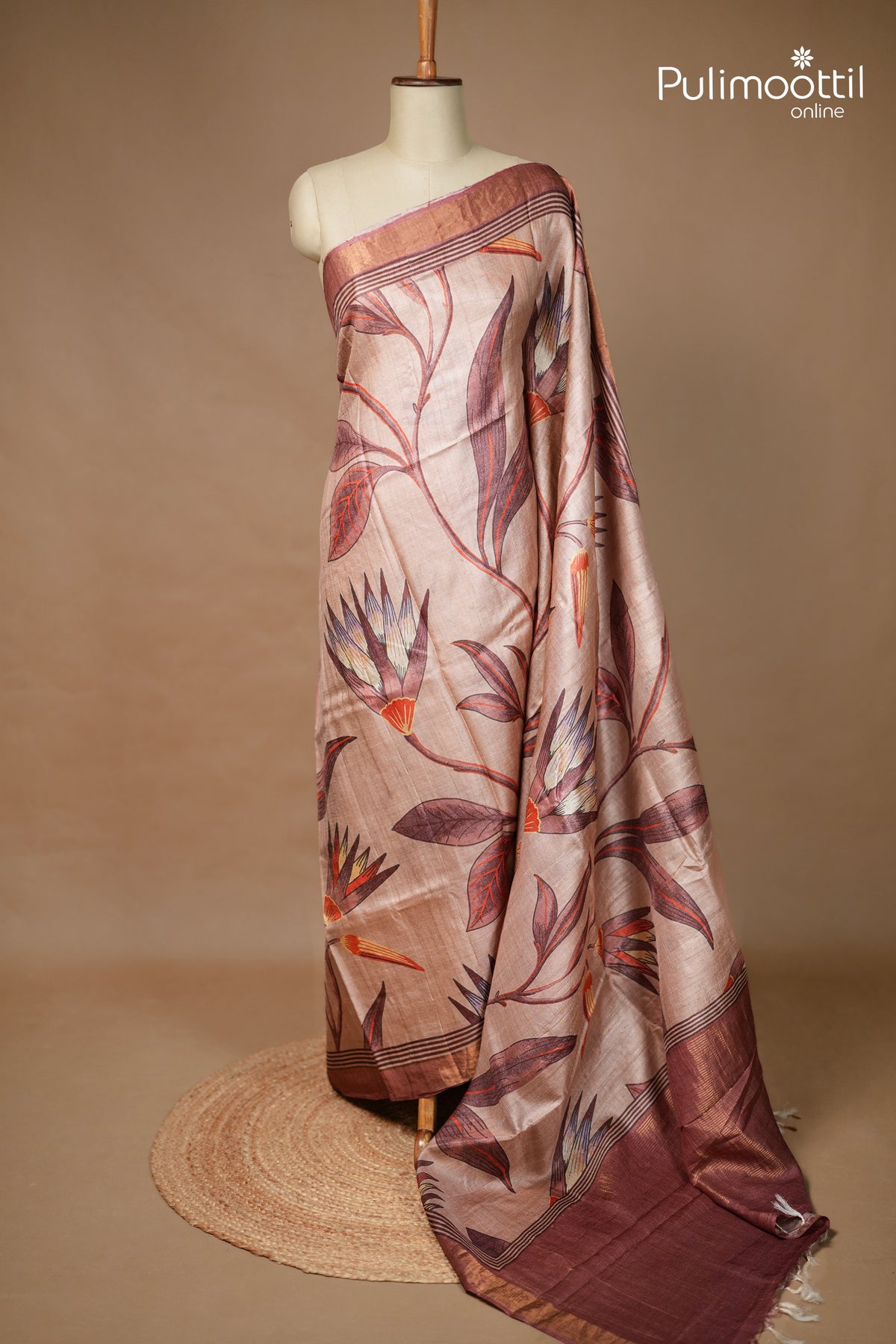 Dark Chikoo Colour Tussar And Jute Silk Saree