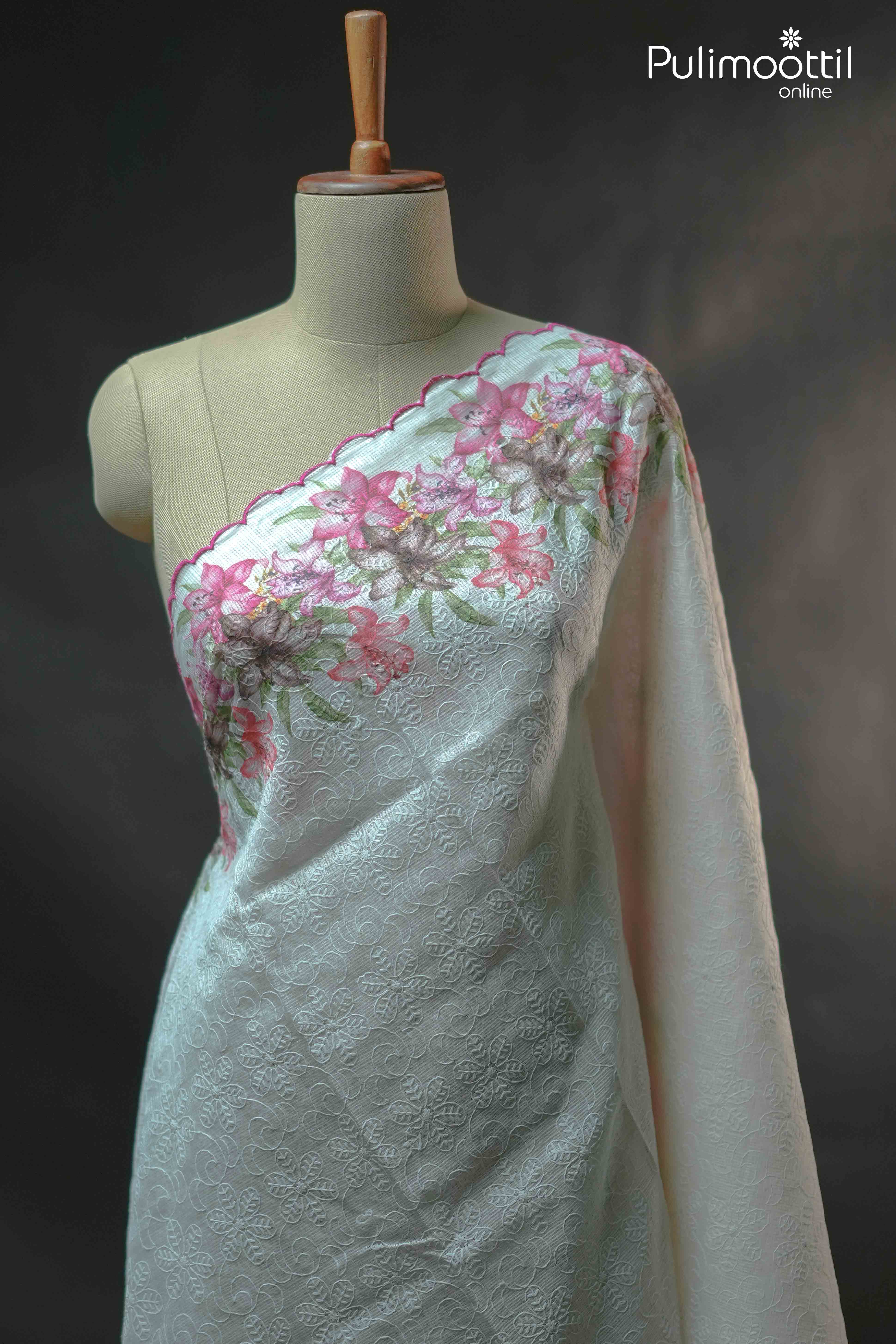 White Colour Net Cotta Saree.
