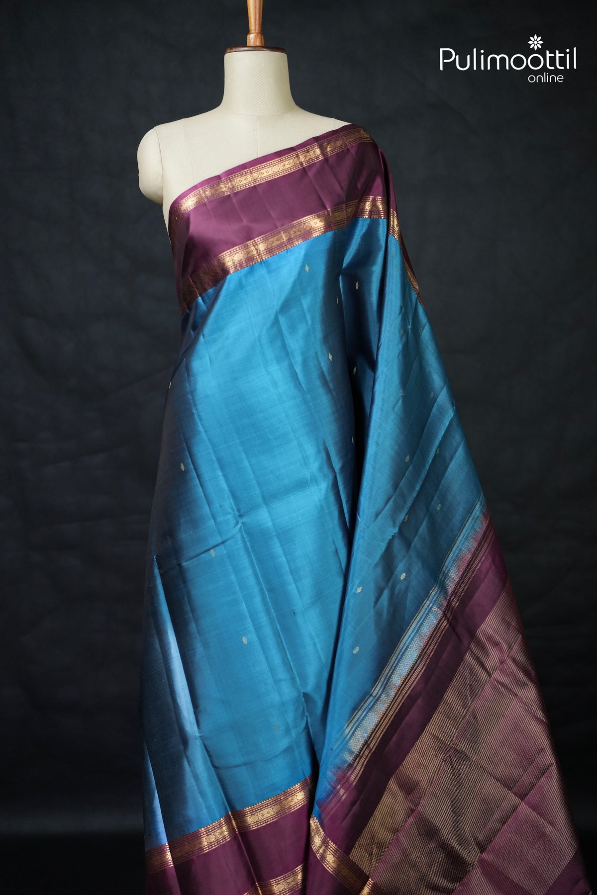 Dark Sky Blue Colour Kanchipuram Designer Saree