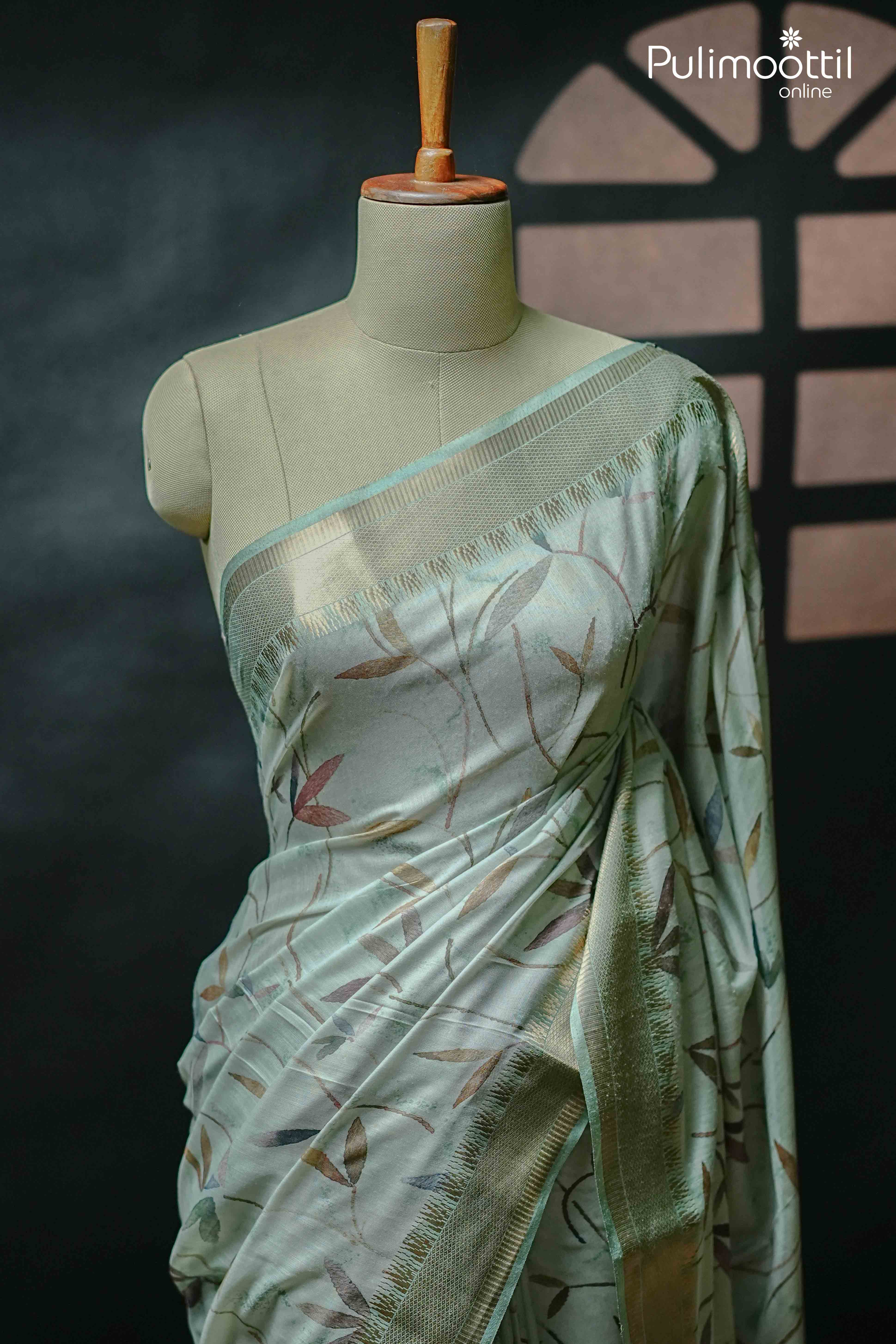 Pastel Green Colour Printed Semi Chanderi Saree