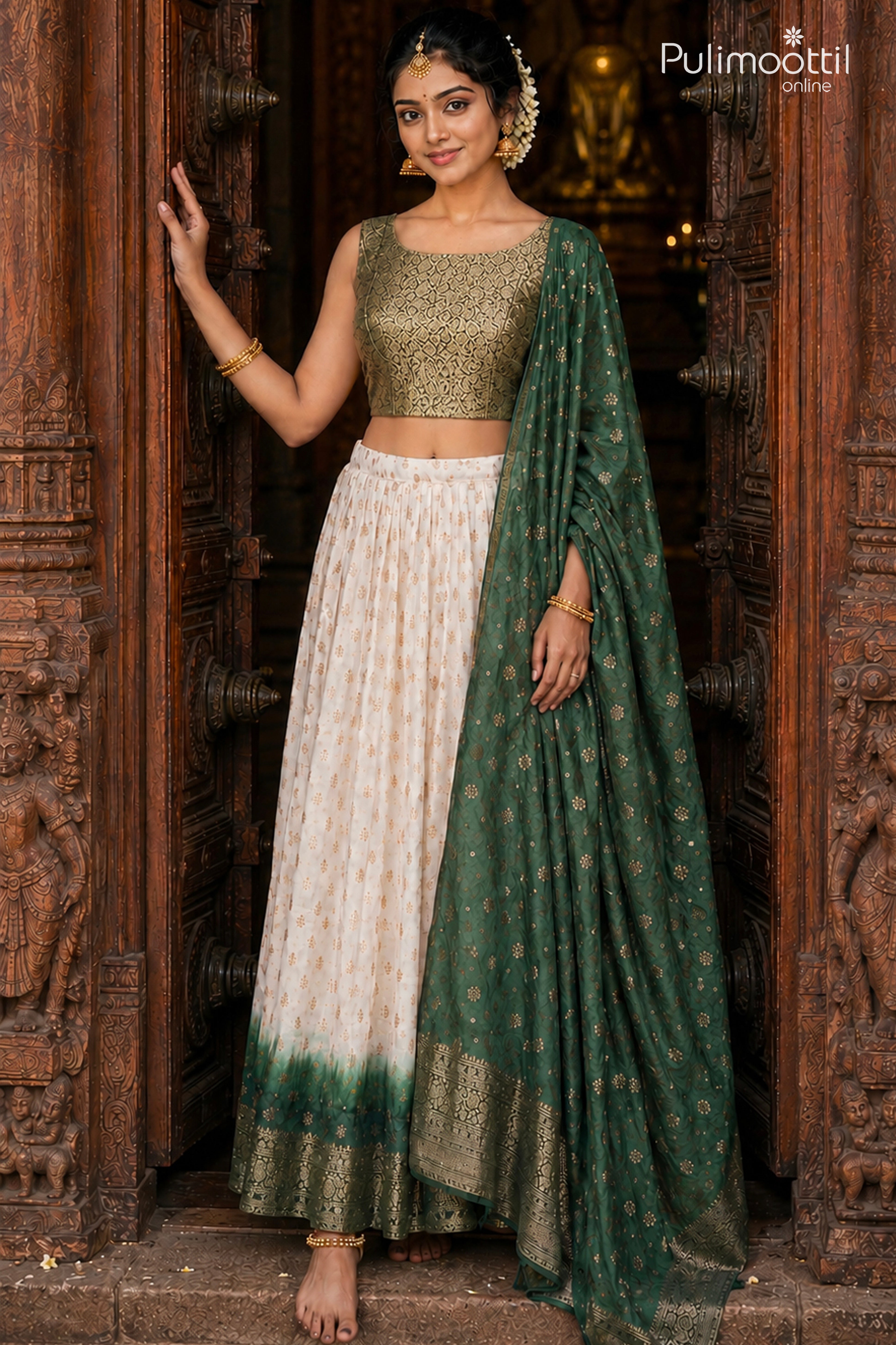 Ready-to-Stitch White Color Semi Silk Banarasi Dhavani Set