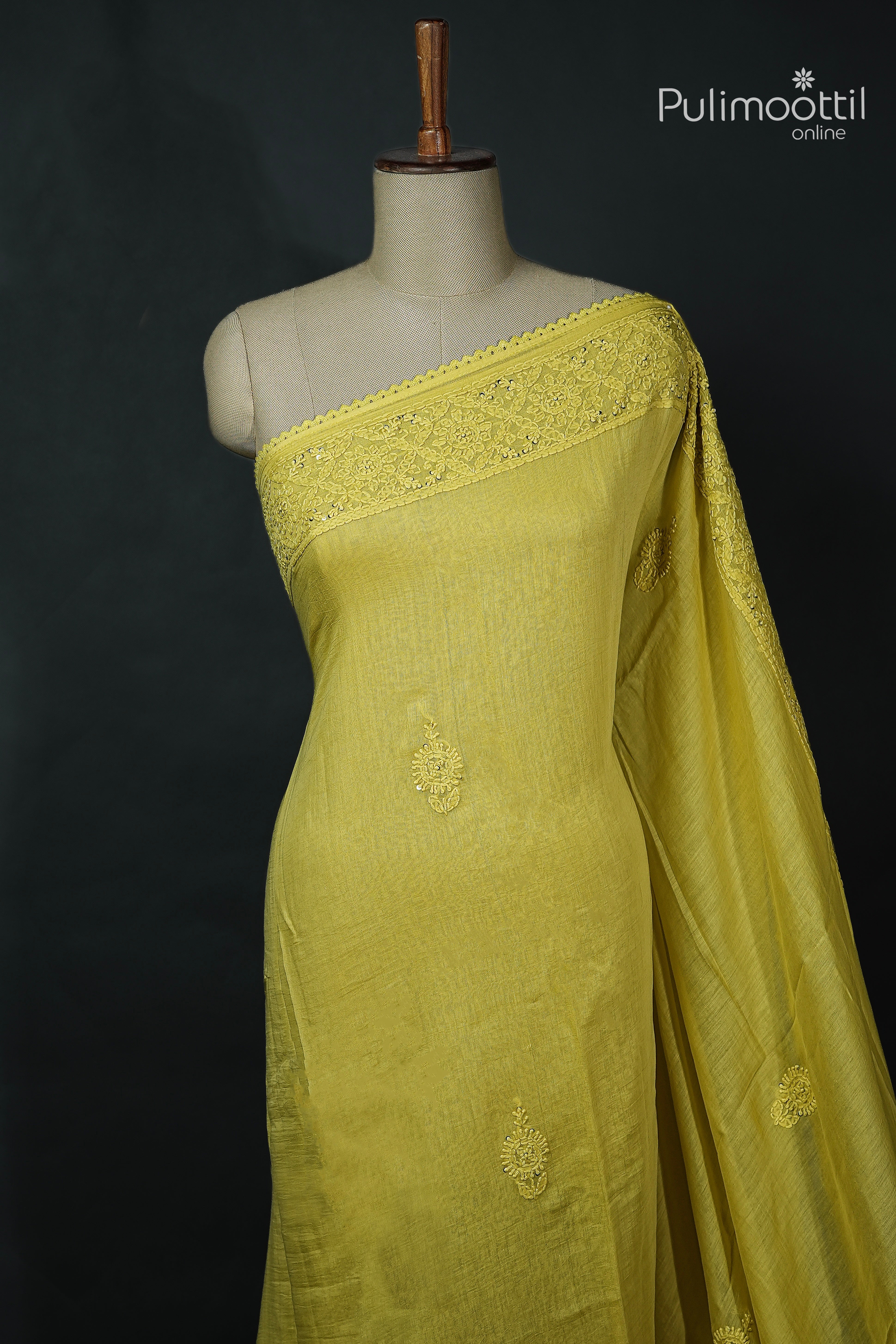 Olive Yellow Colour Chanderi Chikankari Saree