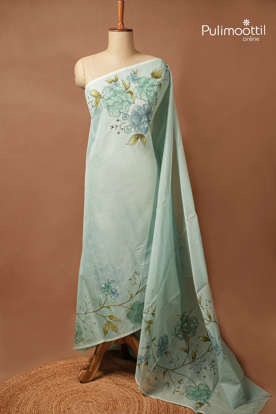 Mint Blue Colour Net Cotta Free Hand Floral Painting Saree