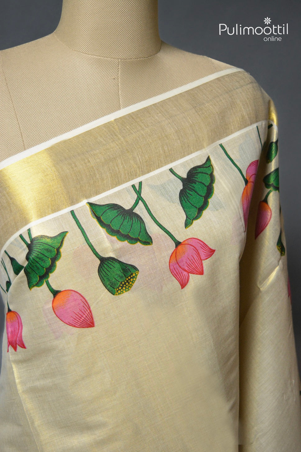 Kerala Traditional Golden Tissue Lotus Printed Set Saree