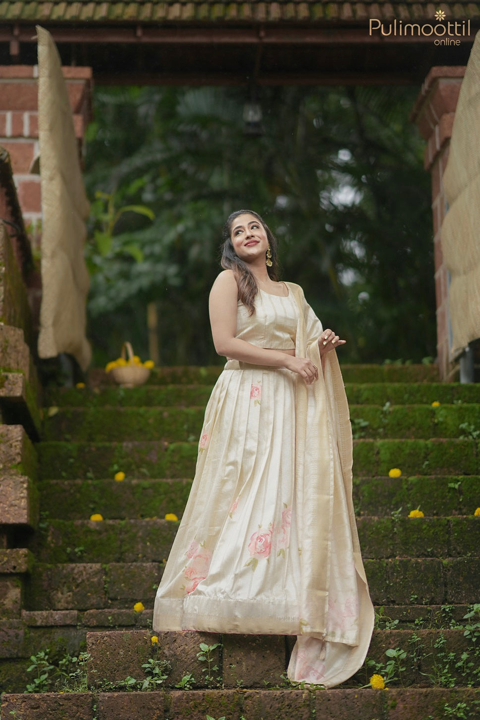 Onam Special Kerala Traditional Cream Chanderi Silk Dhavani Set