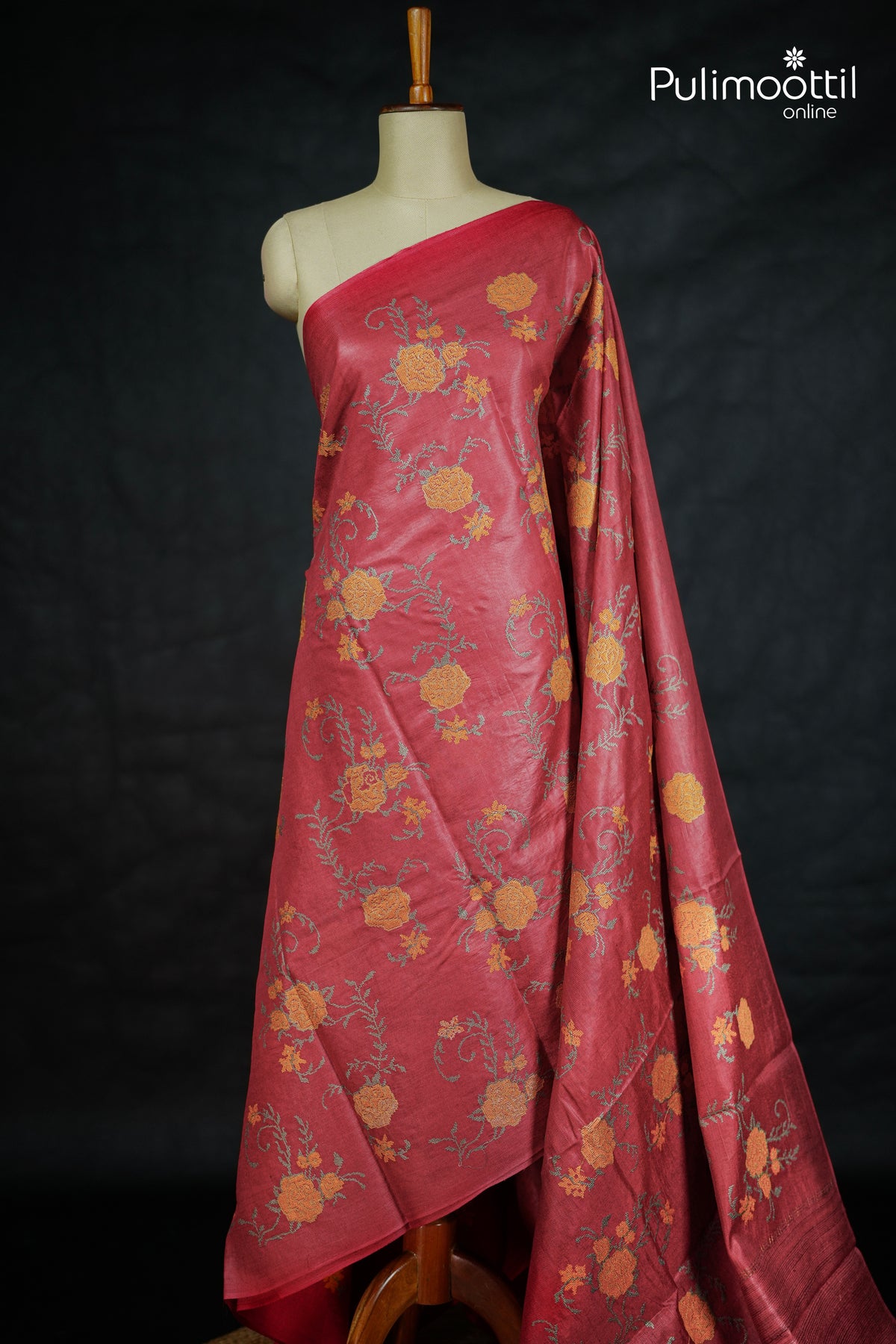 Brick Red Colour Tussar Silk Saree