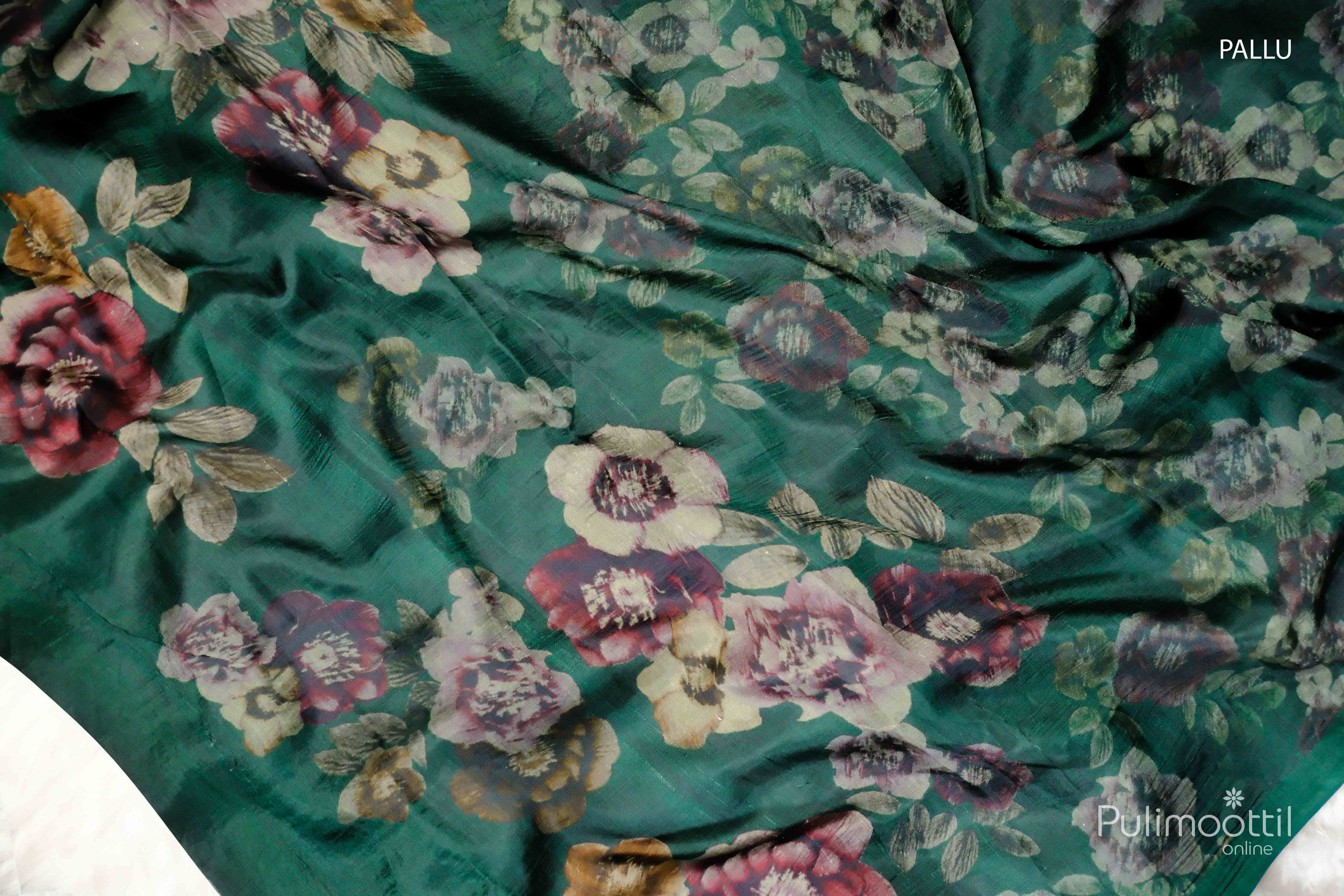 Dark Green Colour Soft Printed Tassels Silk Saree