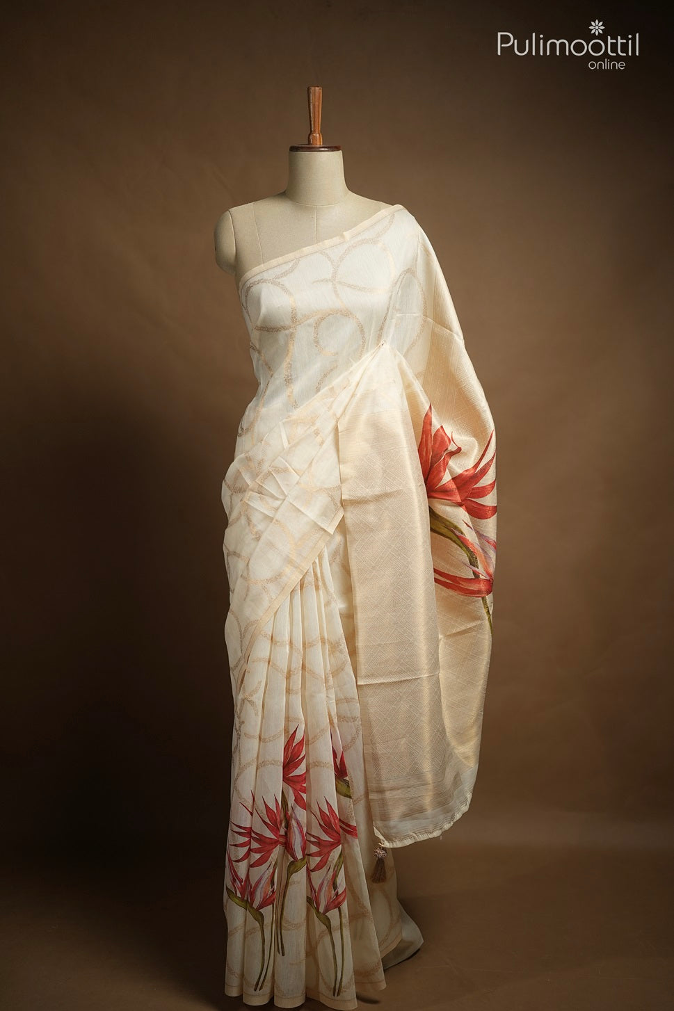 Off White Colour Semi Chanderi Traditional Saree