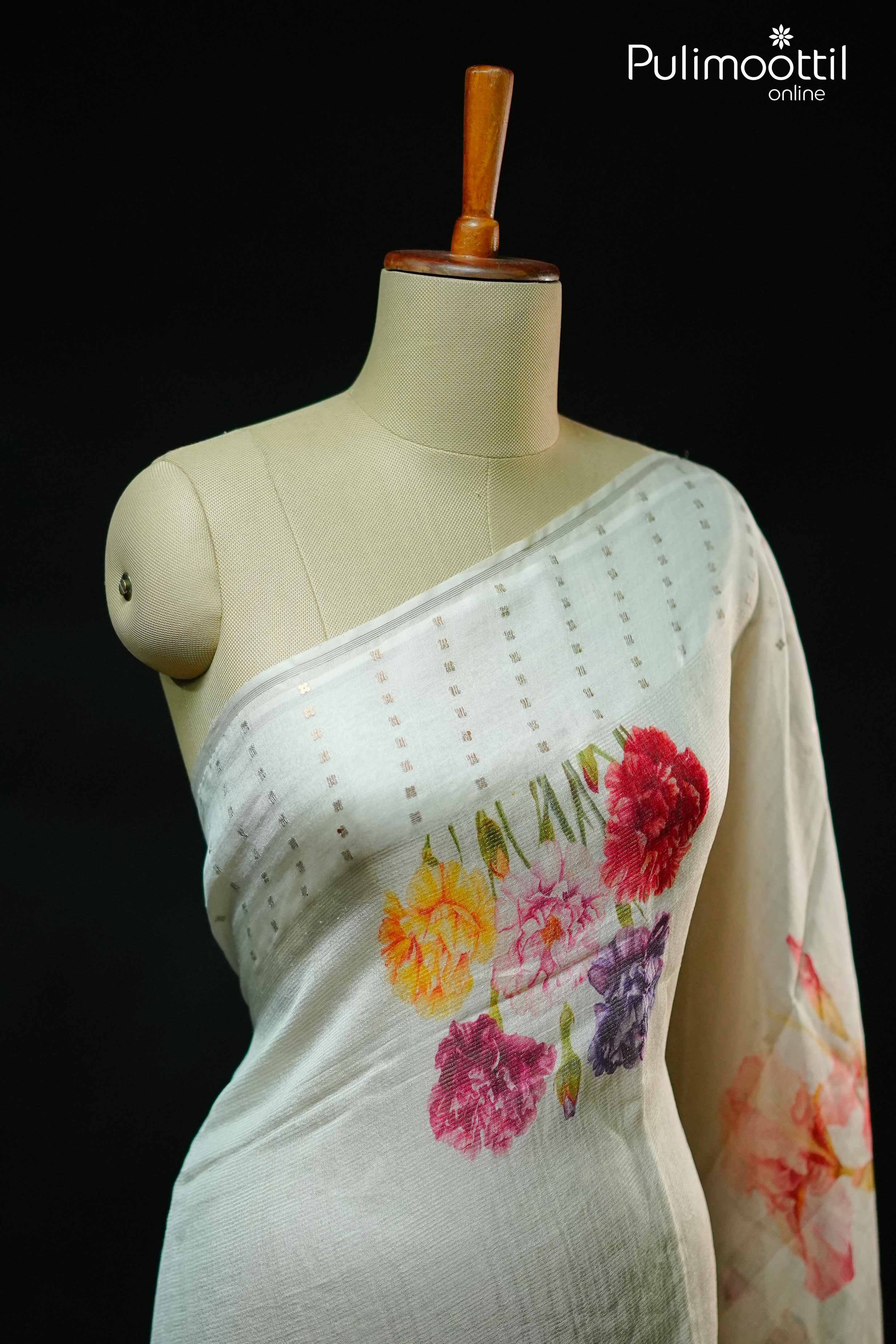 Cream Colour Silky Cotta Silk Saree.