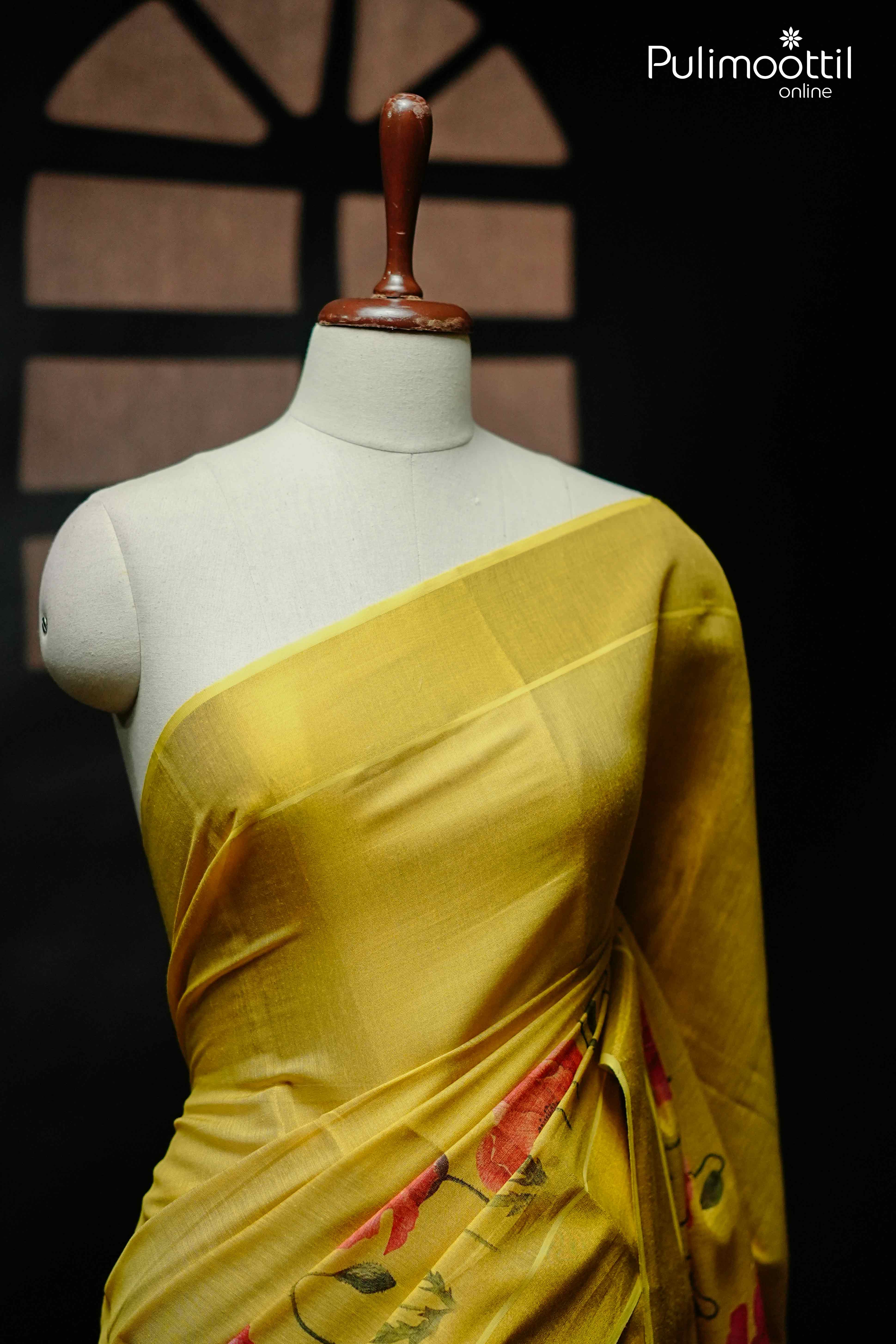 Golden Yellow Colour Kerala Traditional Tissue Set Saree