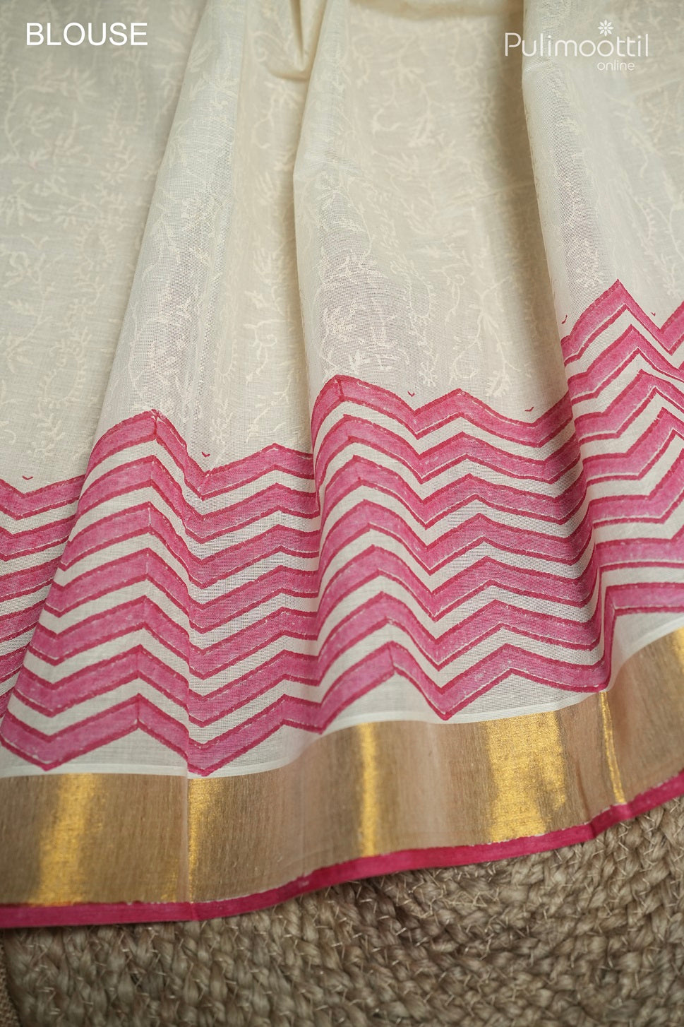 Off White Colour Block Printed Silk Saree