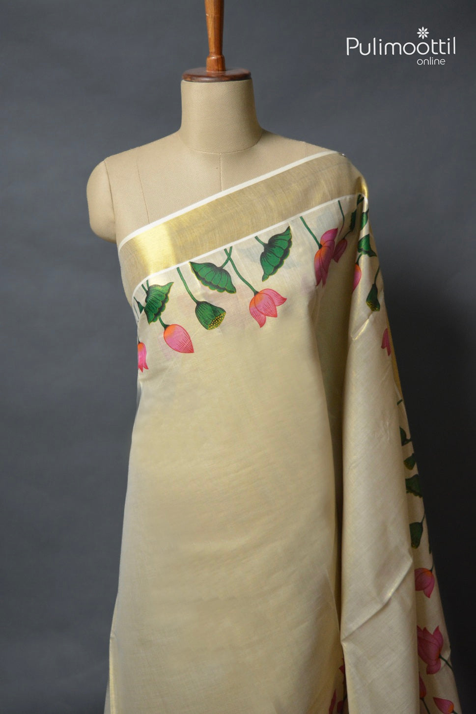 Kerala Traditional Golden Tissue Lotus Printed Set Saree
