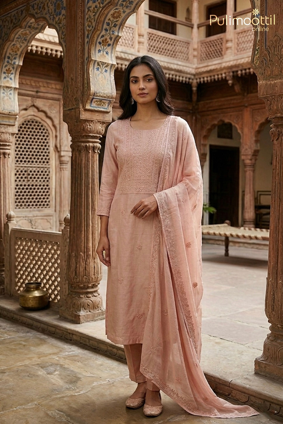 Light Peach Chinon Unstitched Salwar Set