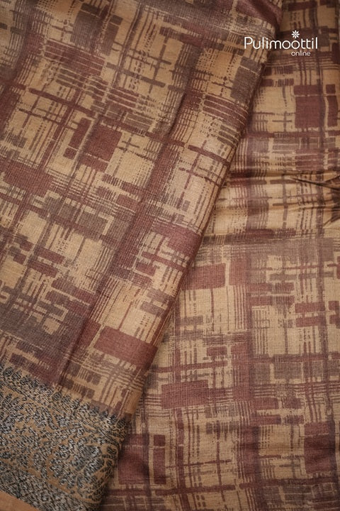 Semi Tussar Silk Saree With Stroke Pattern In Earthy Chocolate Brown And Beige Tones.