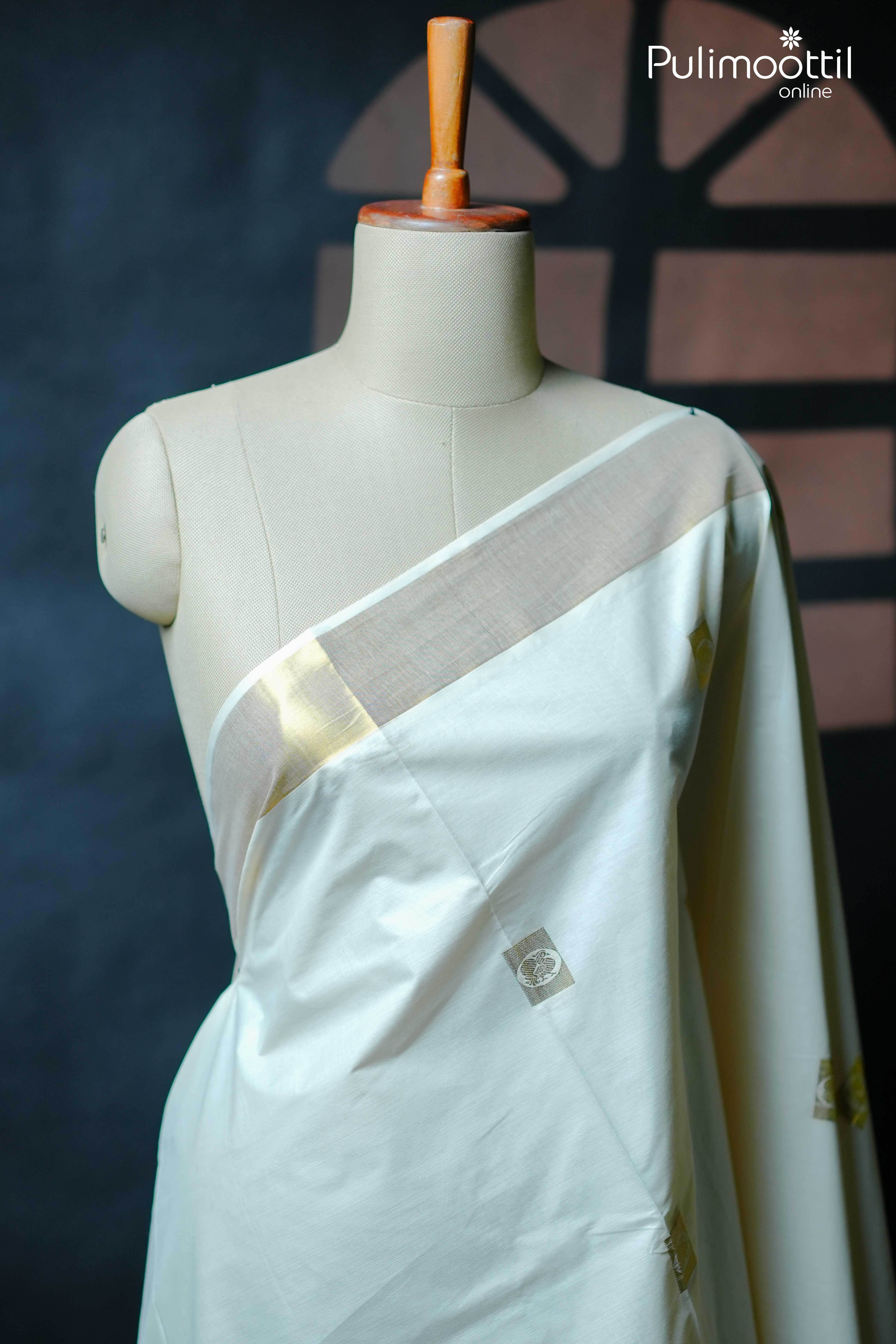 Cream Colour Handloom Kerala Traditional Set Saree.