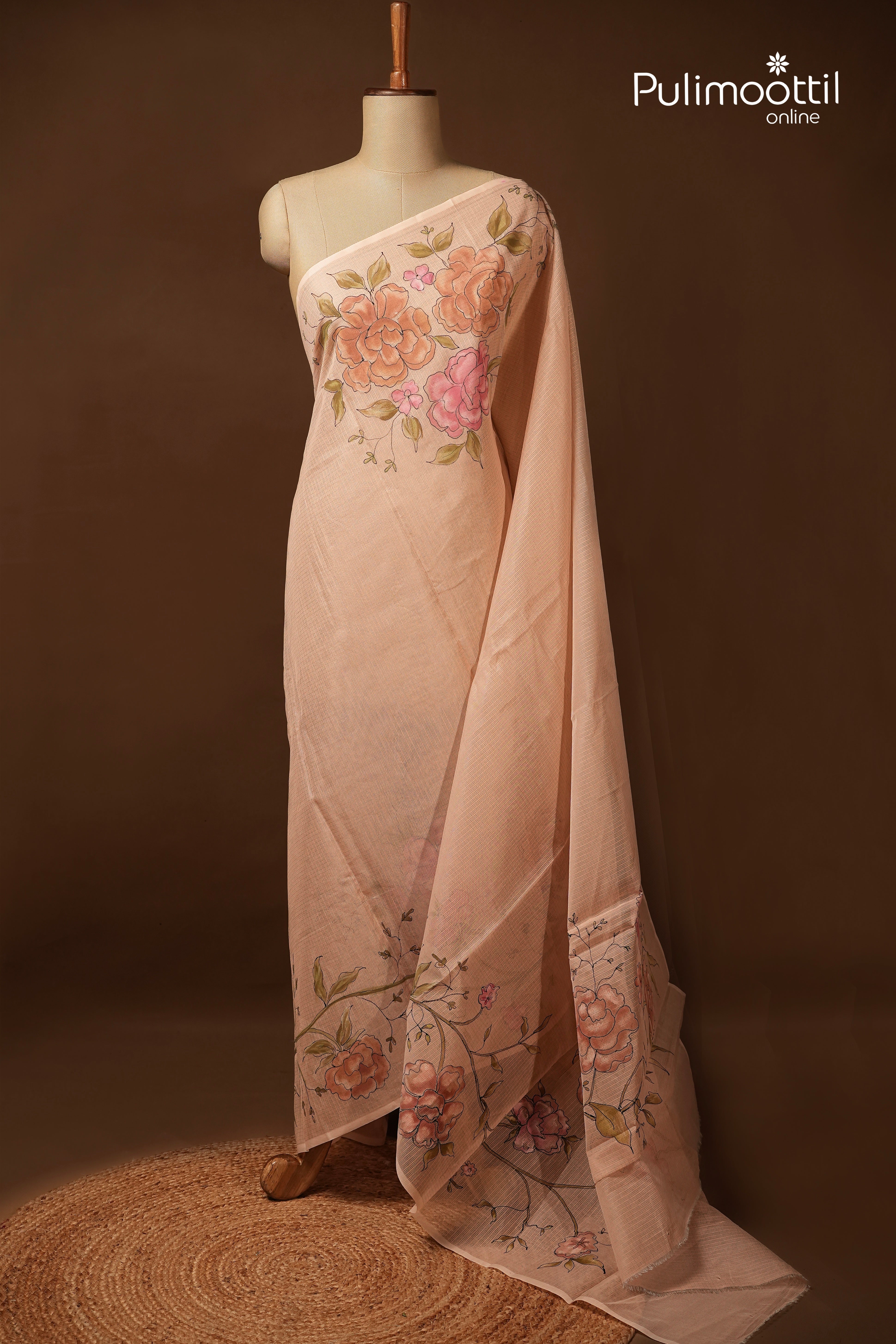 Mint Blue Colour Net Cotta Free Hand Floral Painting Saree