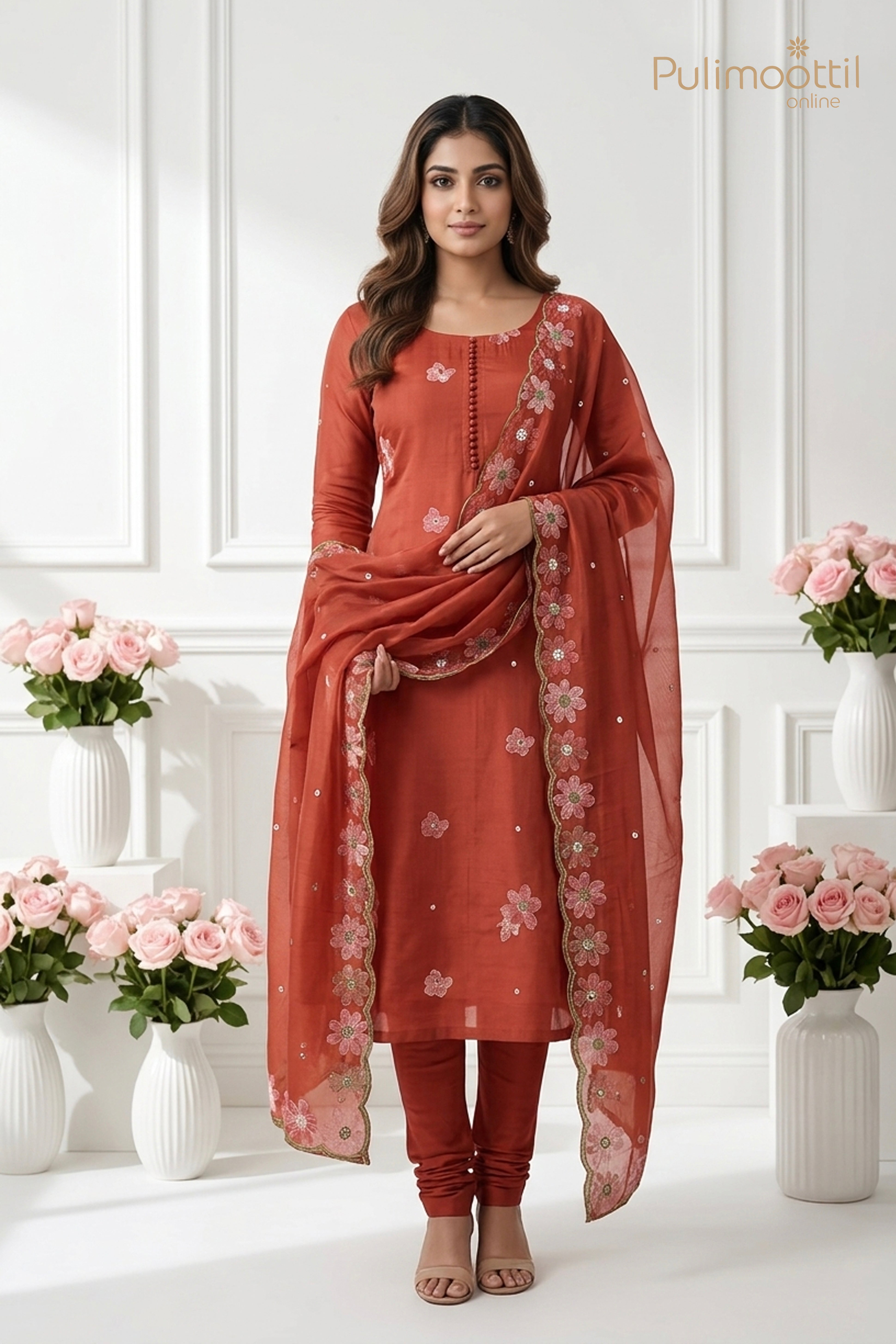 BRICK COLOR BLENDED CHANDERI UNSTITCHED SALWAR SET