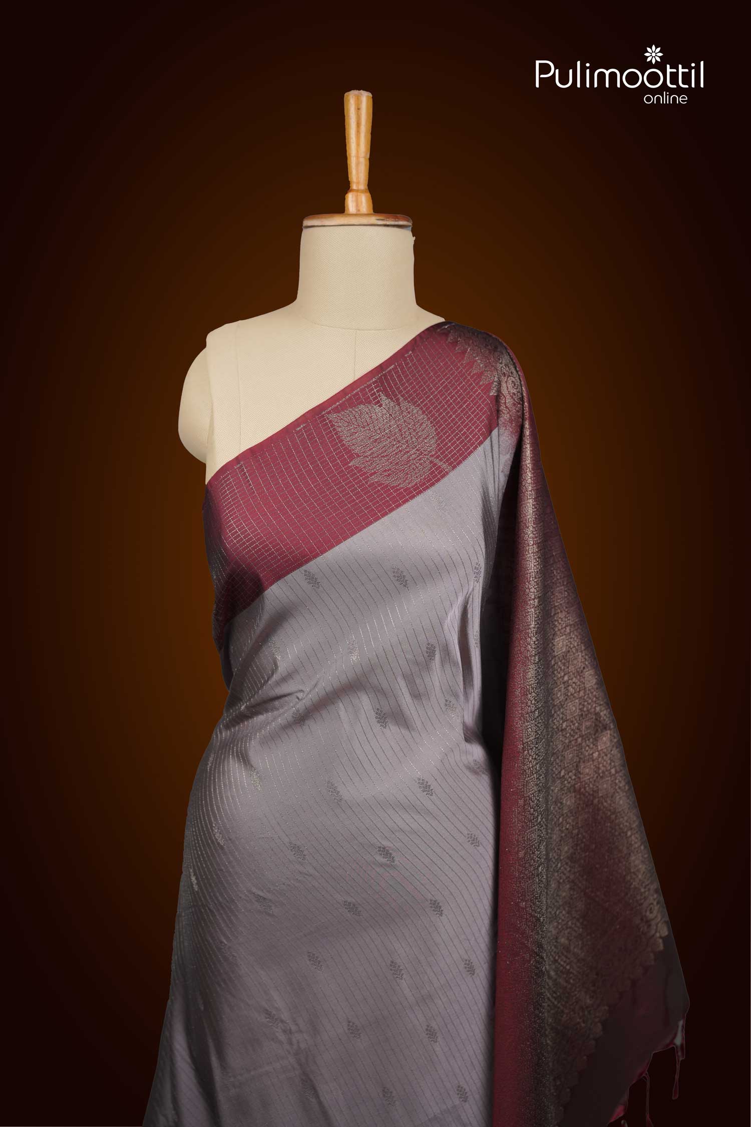 Grey With Maroon Border Semi Silk Saree.