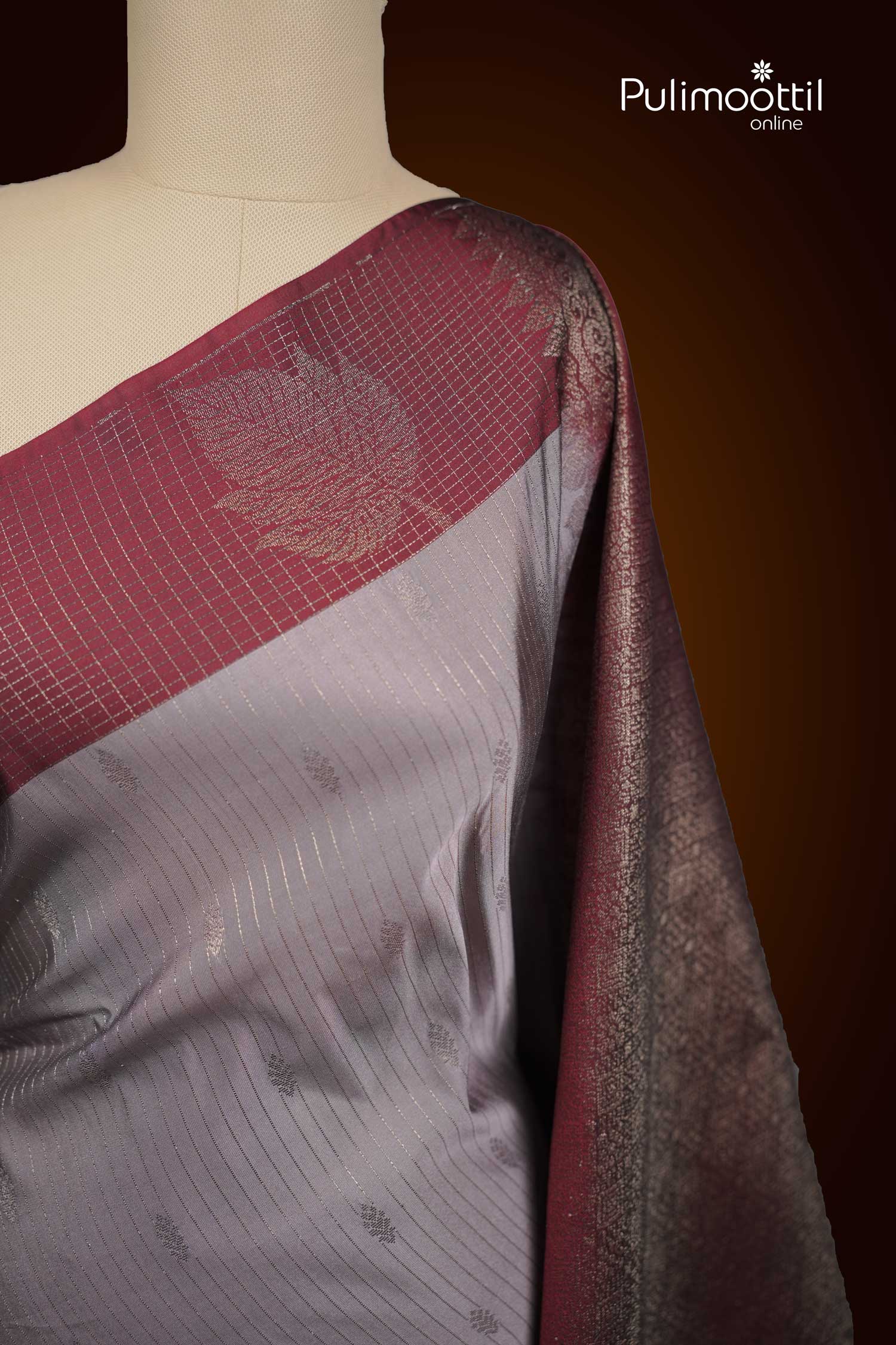 Grey With Maroon Border Semi Silk Saree.