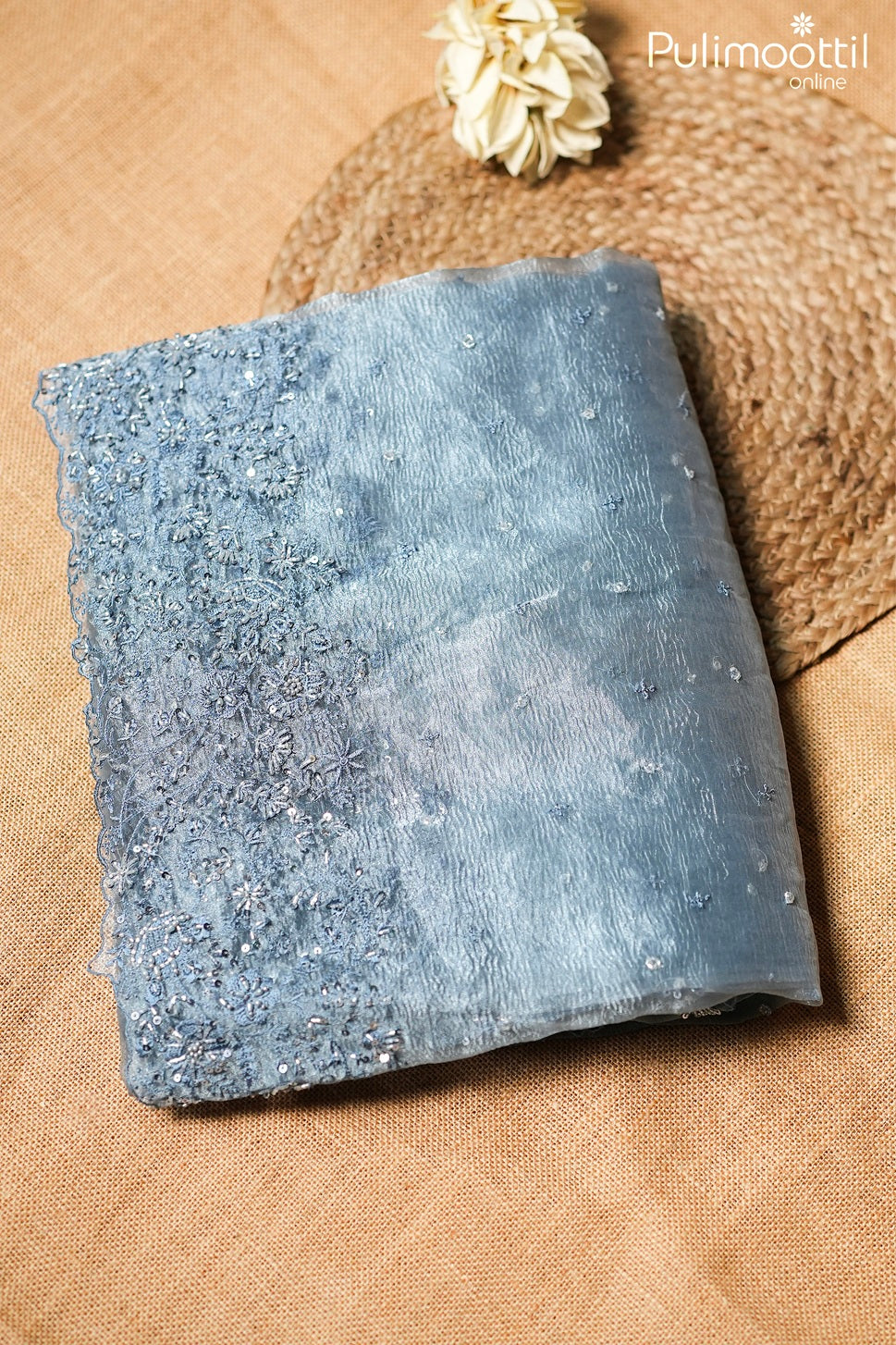 Blue grey color crushed organza fancy saree