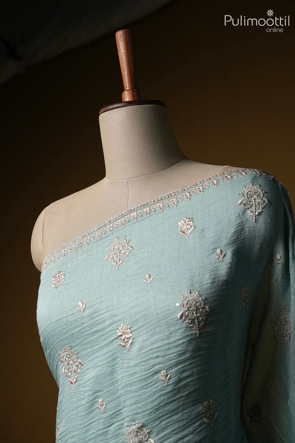 Light mint blue color crushed Chanderi silk saree
