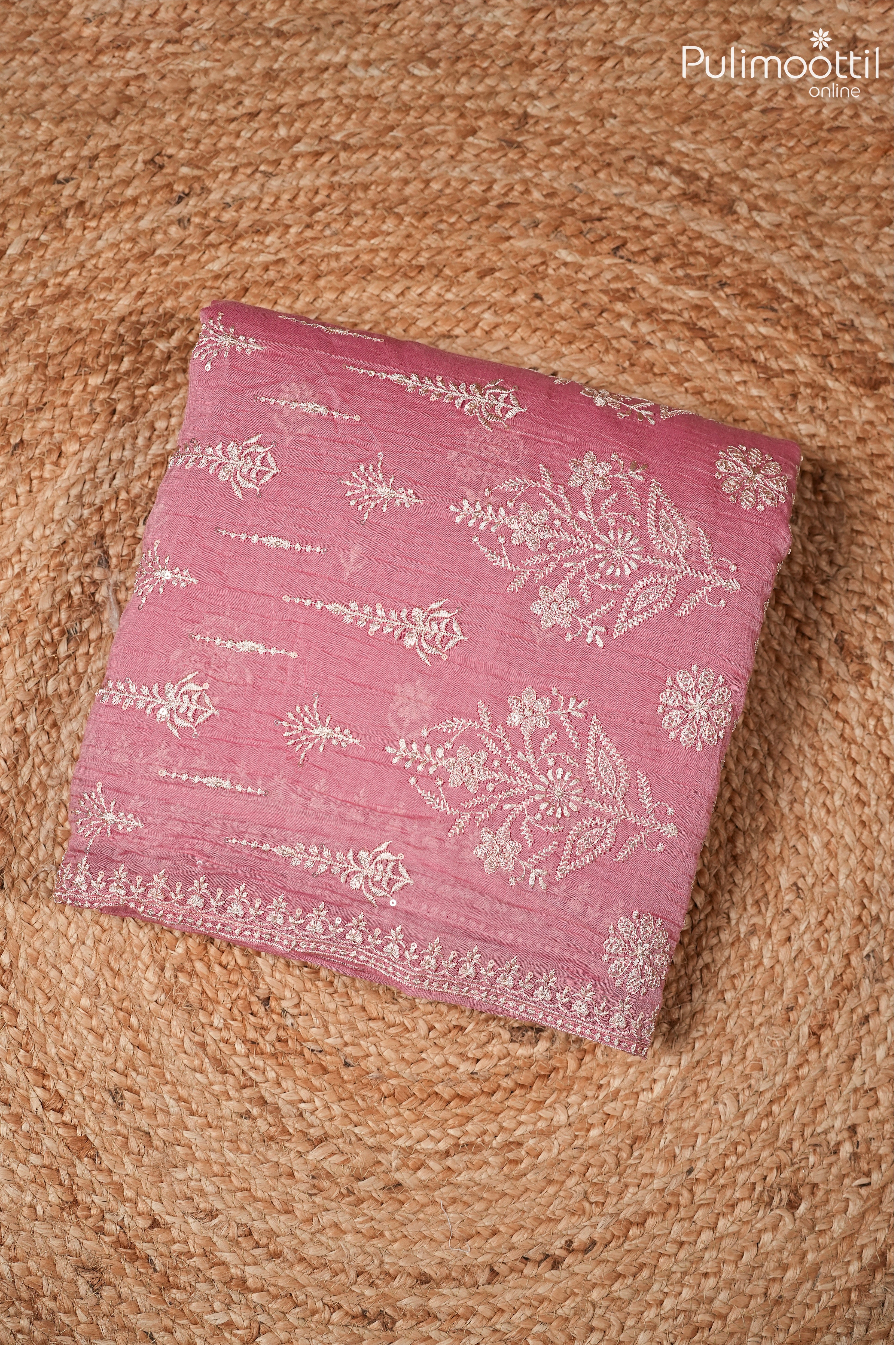 Peach pink color crushed Chanderi silk saree