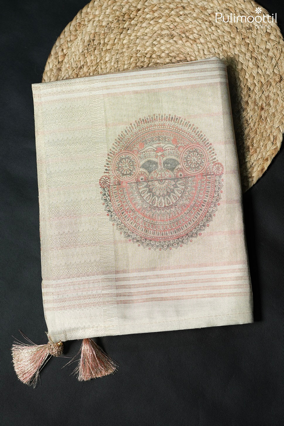 White golden tissue Theyyam print fancy saree