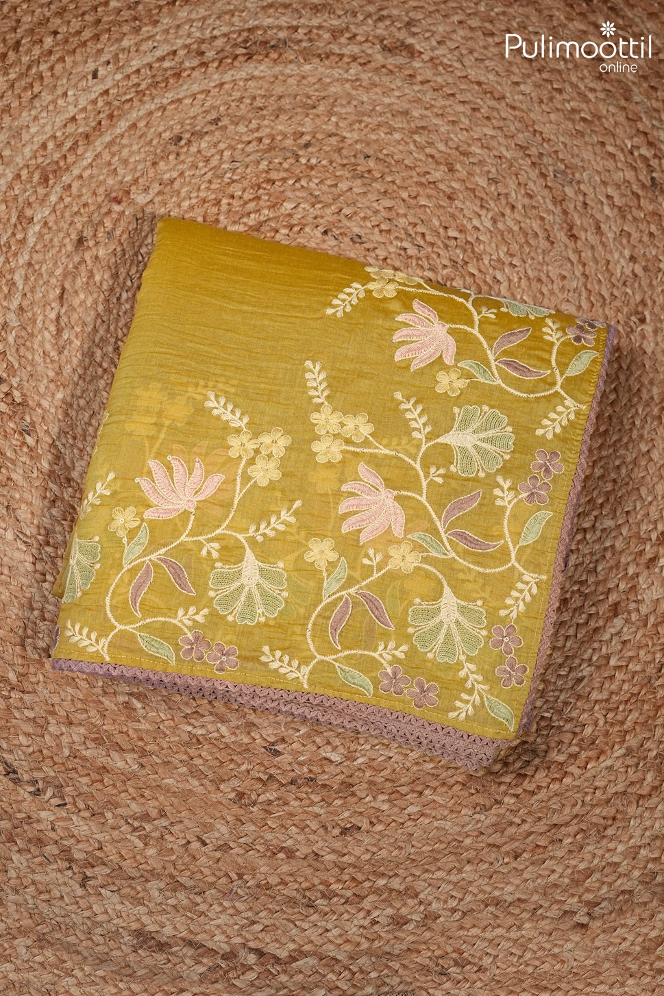 Olive yellow color crushed Chanderi silk saree
