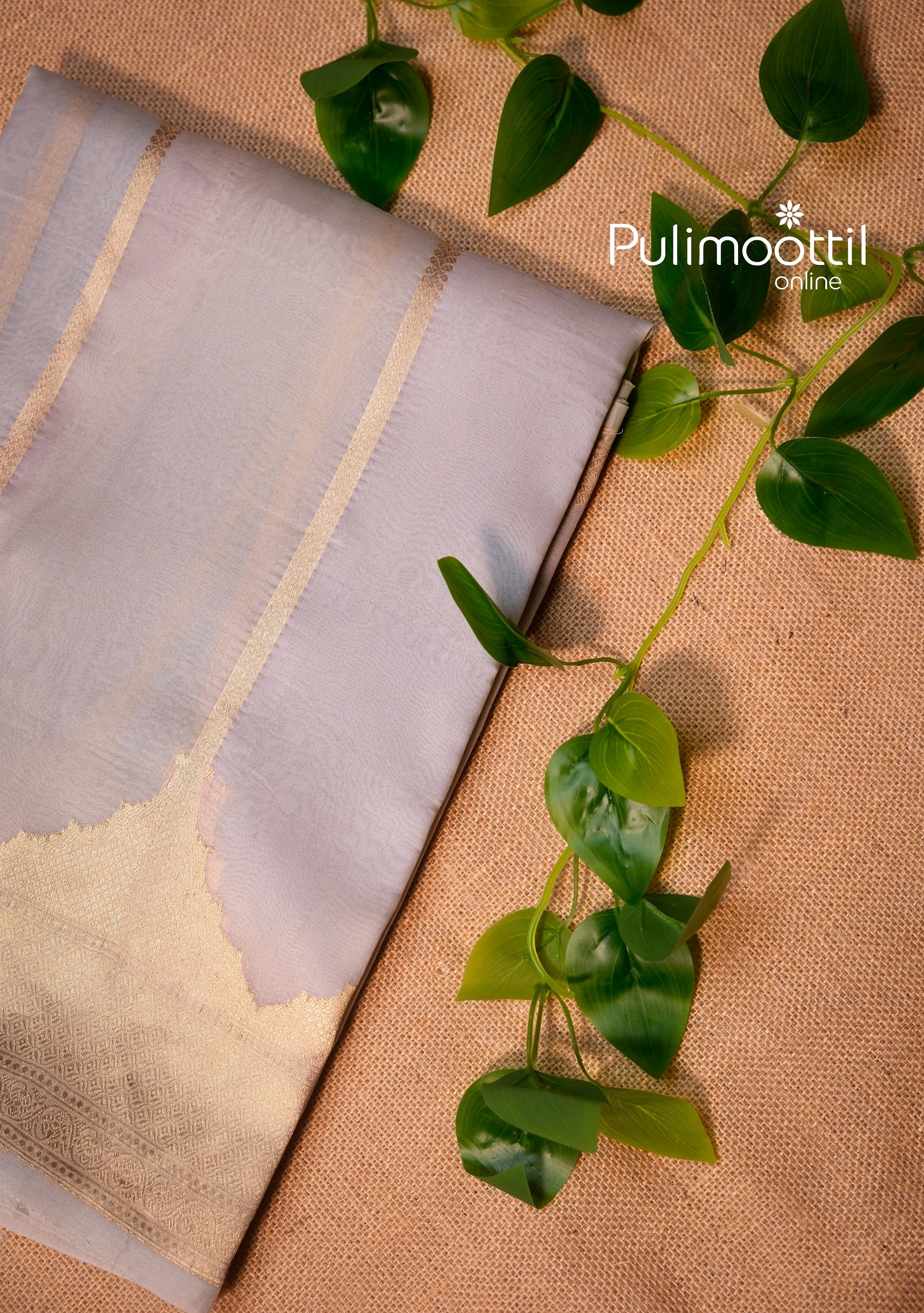 Full view of ash color organza bridal saree perfect for wedding occasions, with sheer texture and golden zari detailing