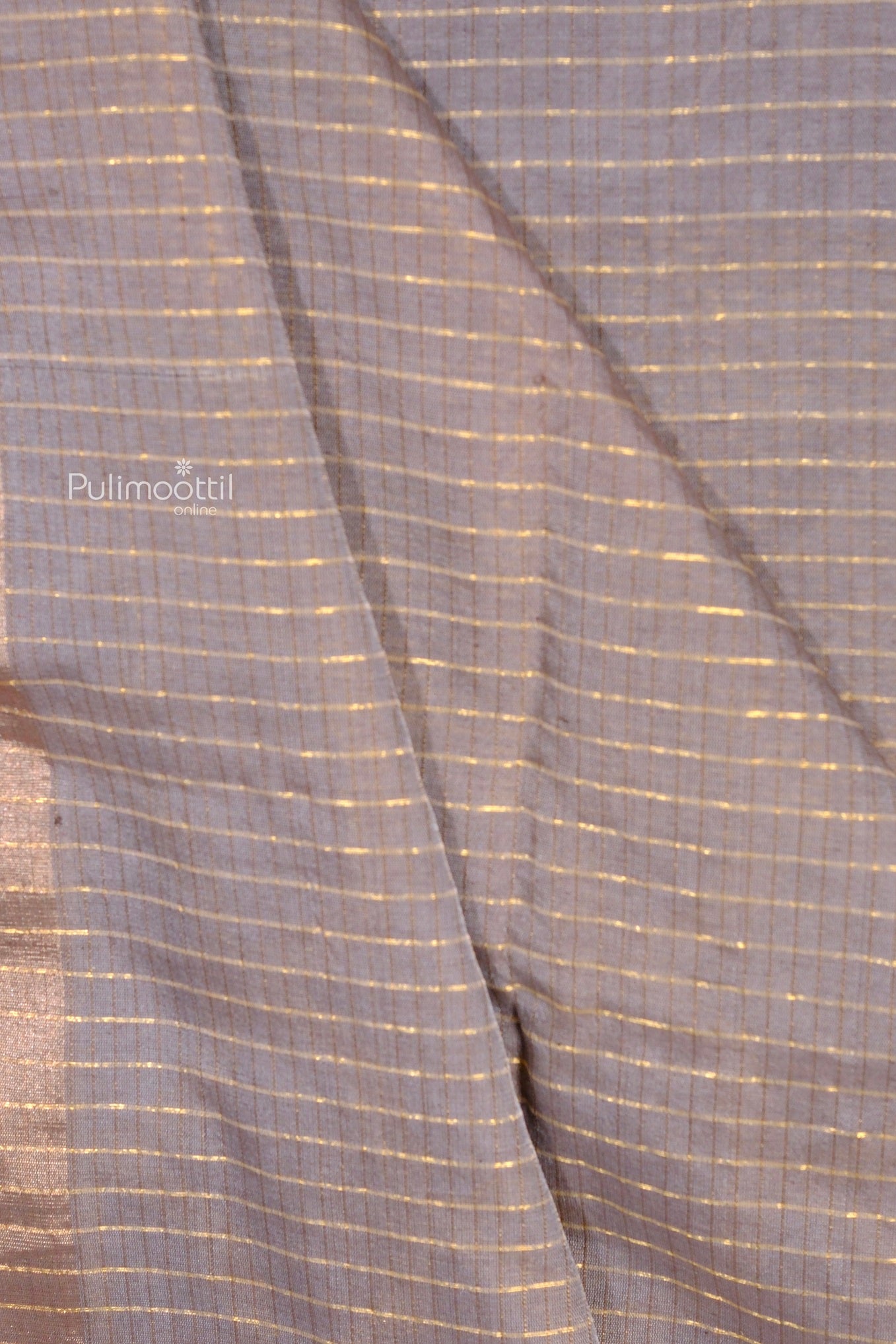 Ash Tussar silk saree featuring fine horizontal golden zari lines across the fabric