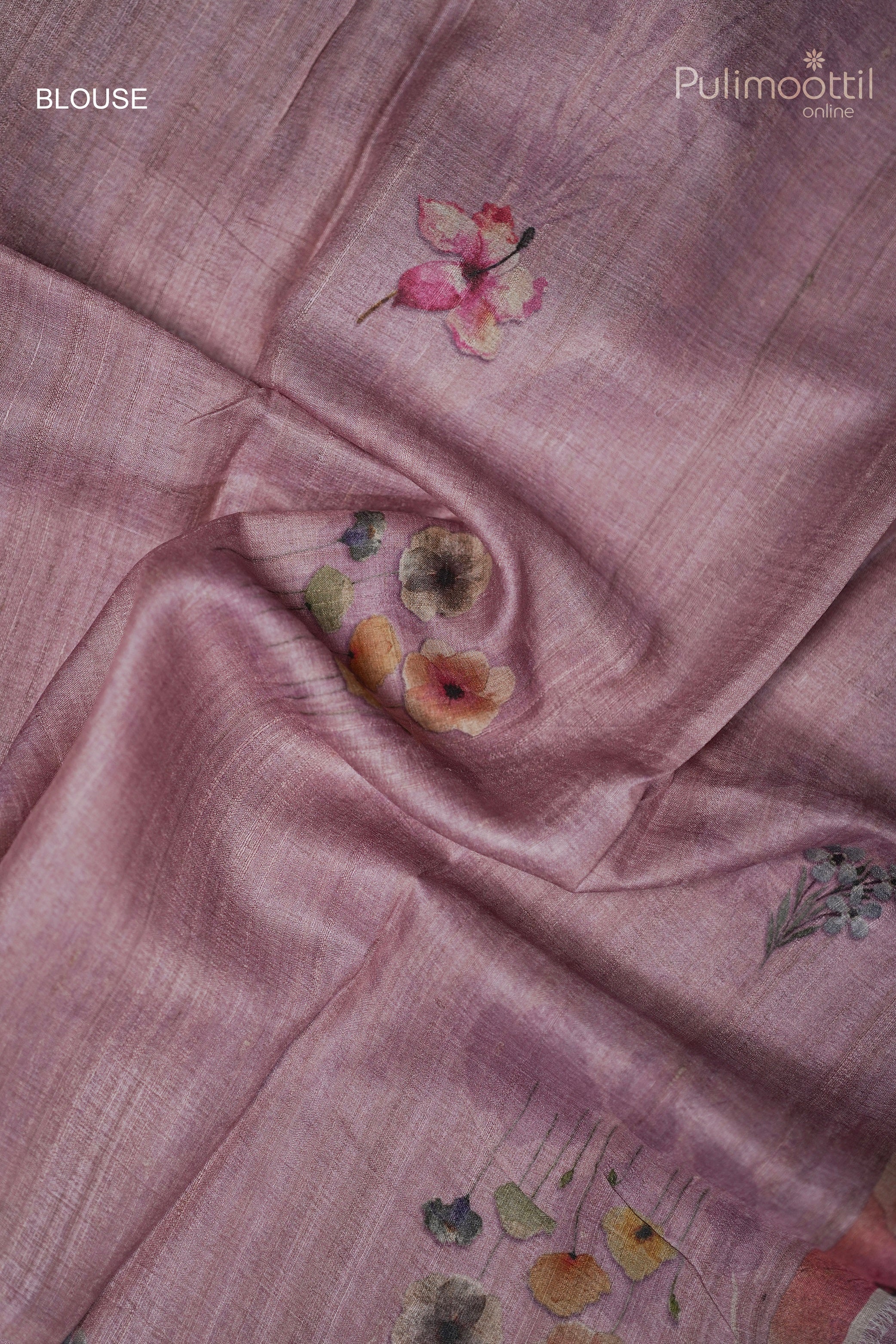 Pastel Onion Colour Printed Tussar Silk Saree