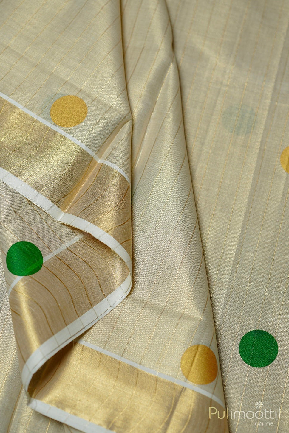 Kerala Golden Tissue Polka Dot Set Saree.