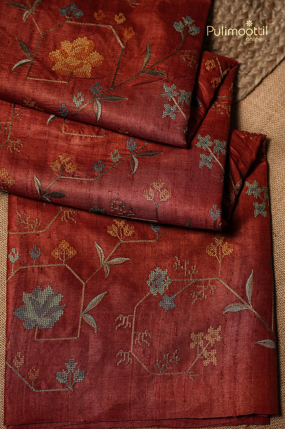 Brick Red Colour Jute Silk Saree