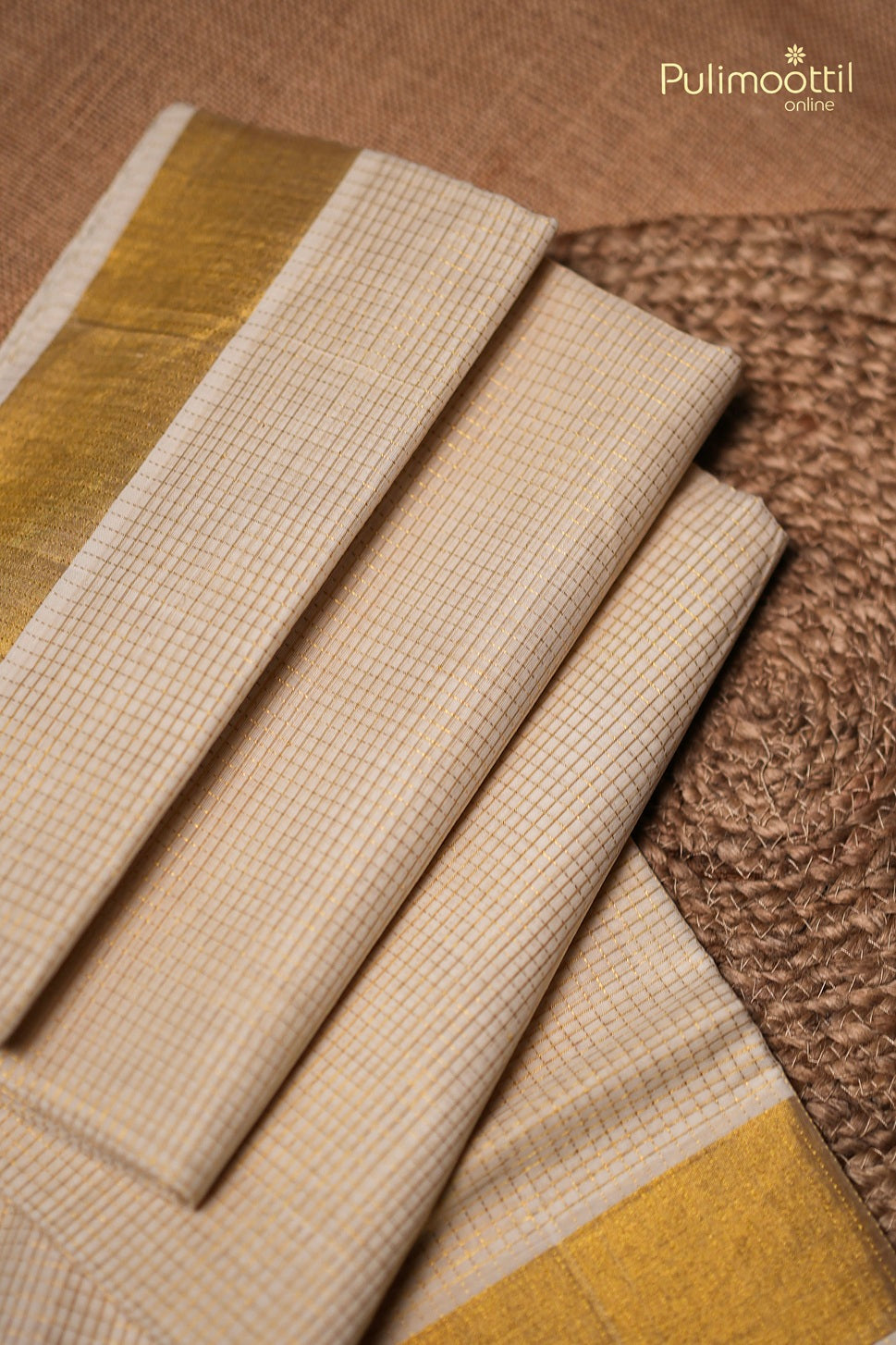 Kerala Traditional Golden Check Handloom Set Saree